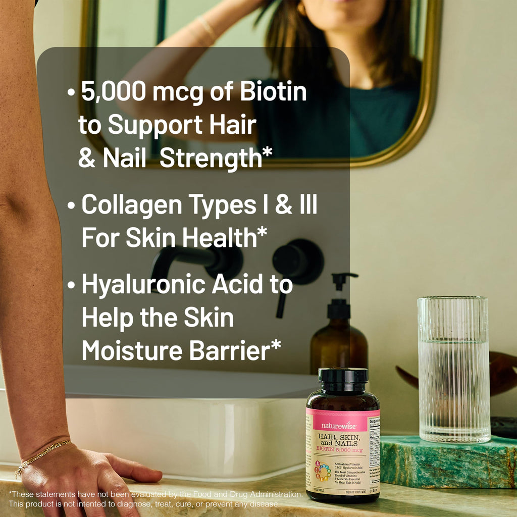NatureWise Hair Skin and Nails Vitamin, Biotin 5000mcg w/Hyaluronic Acid, Collagen for Women with C, B Complex, D3, A, E, Iron