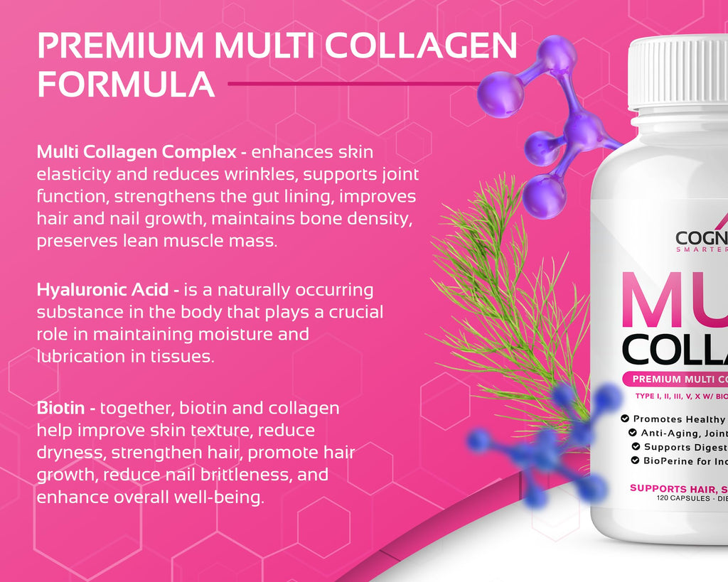 CogniTune Multi Collagen Peptides for Women with Biotin, Hyaluronic Acid, Vitamin C - 5 Types I II III V X Colageno Hidrolizado - 2000mg Hair Skin Nails Joints Support - 120 Capsules CogniTune Au supplements