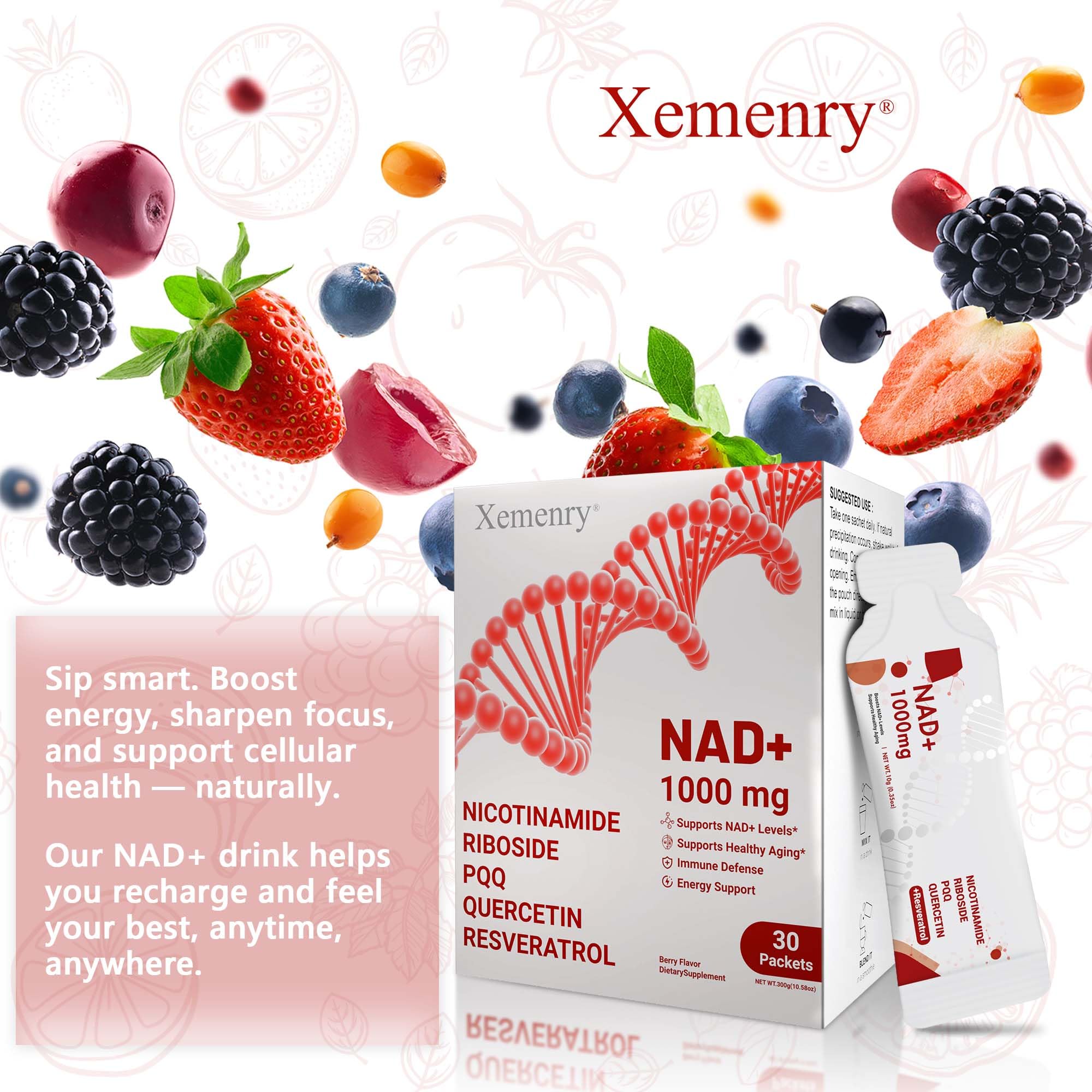 NAD Supplement 1000mg Liquid - Nicotinamide Riboside Resveratrol Supplements for Men & Women - NMN Alternative for Enhanced Energy & Anti-Aging, Focus - 30 Packets Xemenry Au supplements