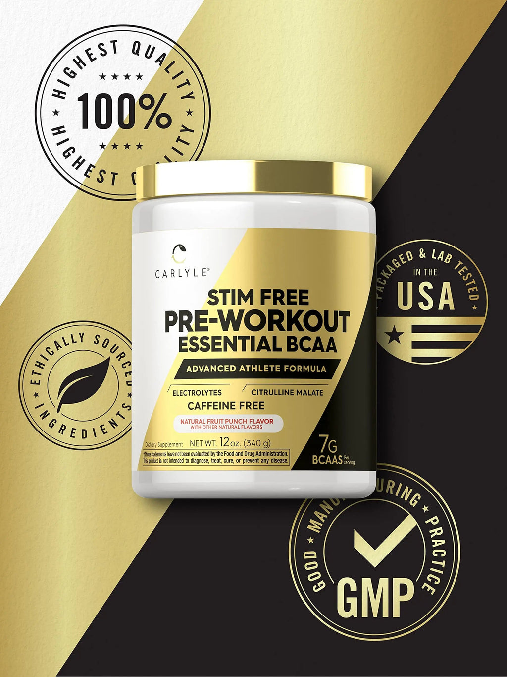 Carlyle Stim Free Pre Workout Powder | BCAA Amino Acids | 7g BCAA | Fruit Punch Flavor Carlyle Au supplements
