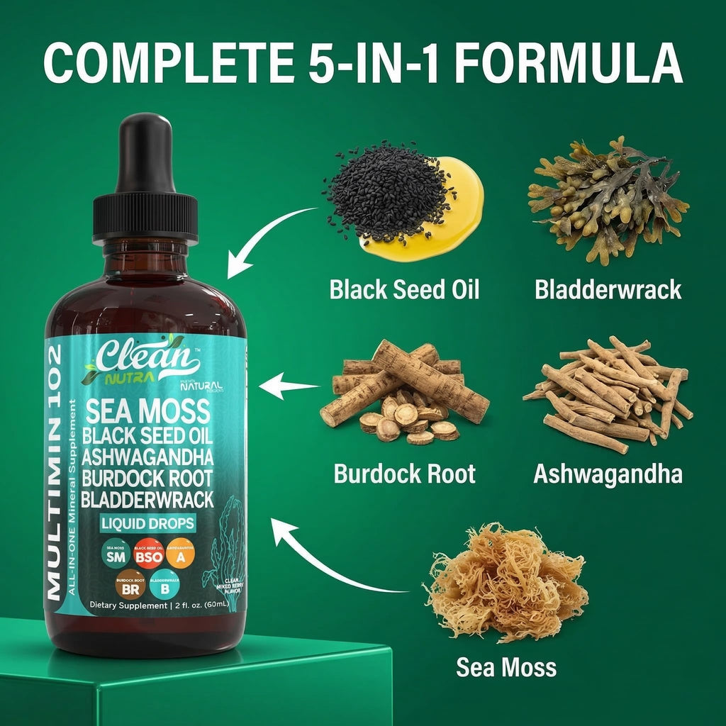 Clean Nutra Organic Sea Moss Drops Supplement | Black Seed Oil Irish Seamoss Ashwagandha Burdock Root & Bladderwrack - Multimineral Liquid Vegan