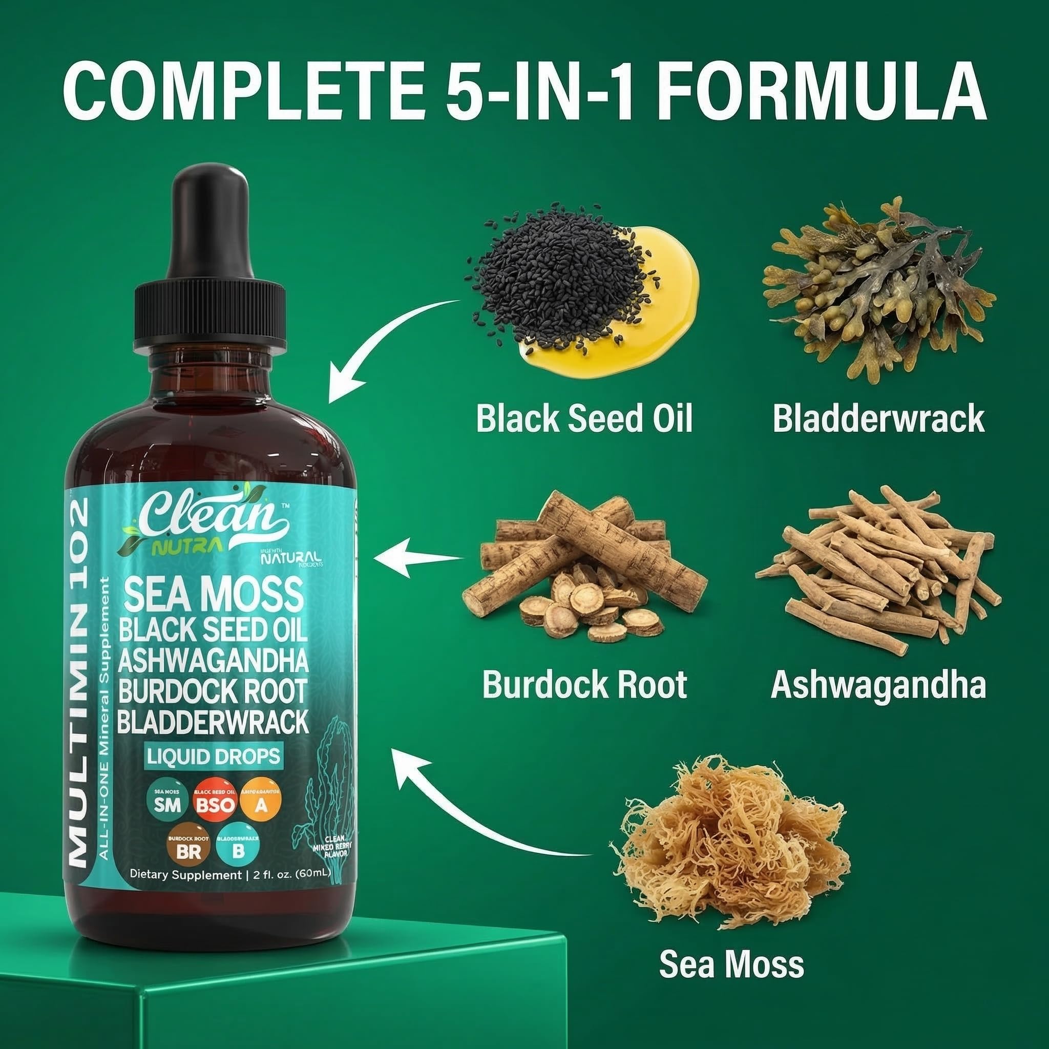 Clean Nutra Organic Sea Moss Drops Supplement | Black Seed Oil Irish Seamoss Ashwagandha Burdock Root & Bladderwrack - Multimineral Liquid Vegan
