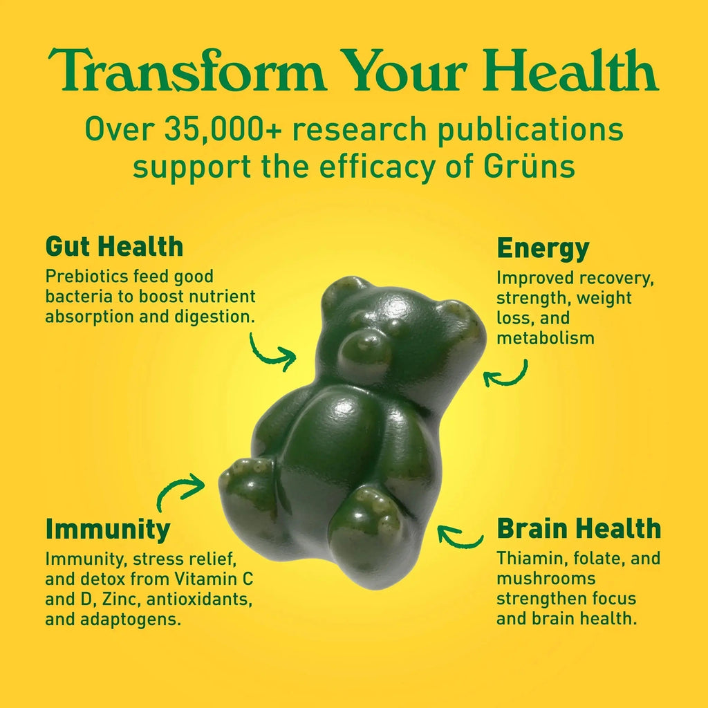 Gruns Adults Super Greens Multivitamin Gummies, Superfood Vitamin Gummy Bears with Spirulina, Chlorella, Prebiotic Fiber for Digestive Health Grüns Au supplements