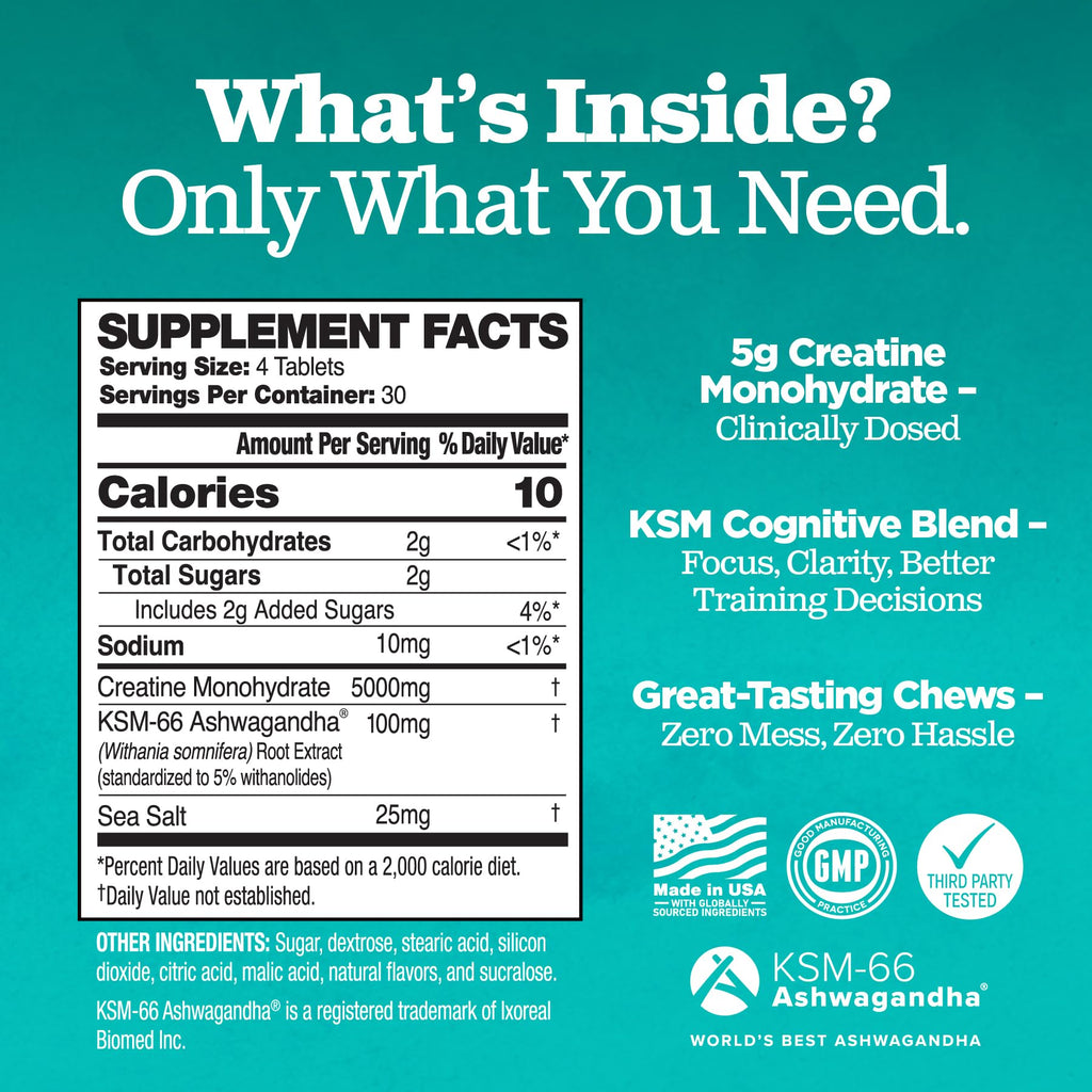 Creatine Chews - 5000mg Creatine Monohydrate Tablets for Men & Women with Ashwagandha KSM-66 - Low Sugar Muscle Support & Cognitive Boost - Gummy Alternative - 120 Count (Strawberry Lemonade) Attain Nutrients Au supplements