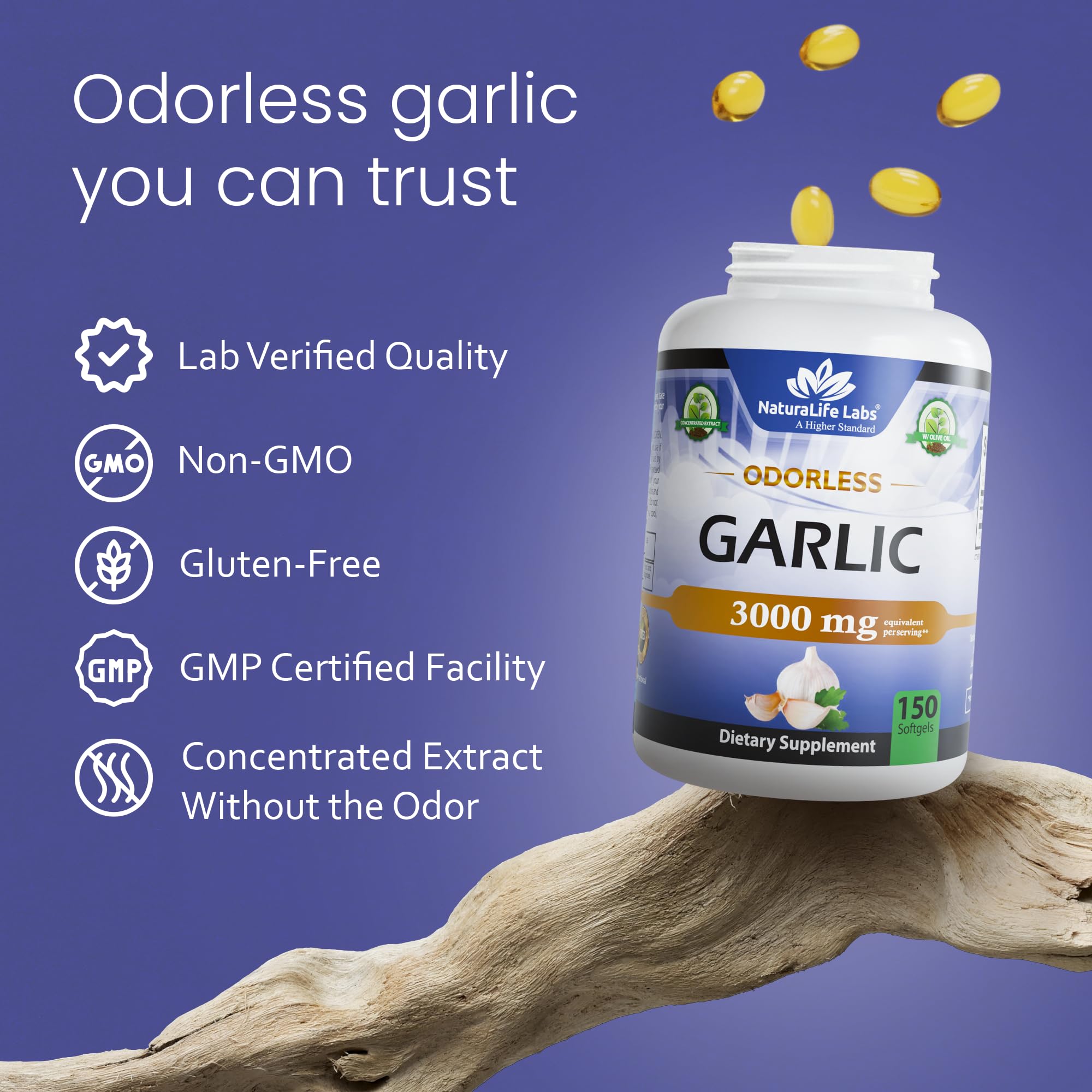 NaturaLife Labs Odorless Garlic Supplement – Garlic (Allium sativum) Extract Softgels – 150 Count – Non-GMO, Gluten-Free