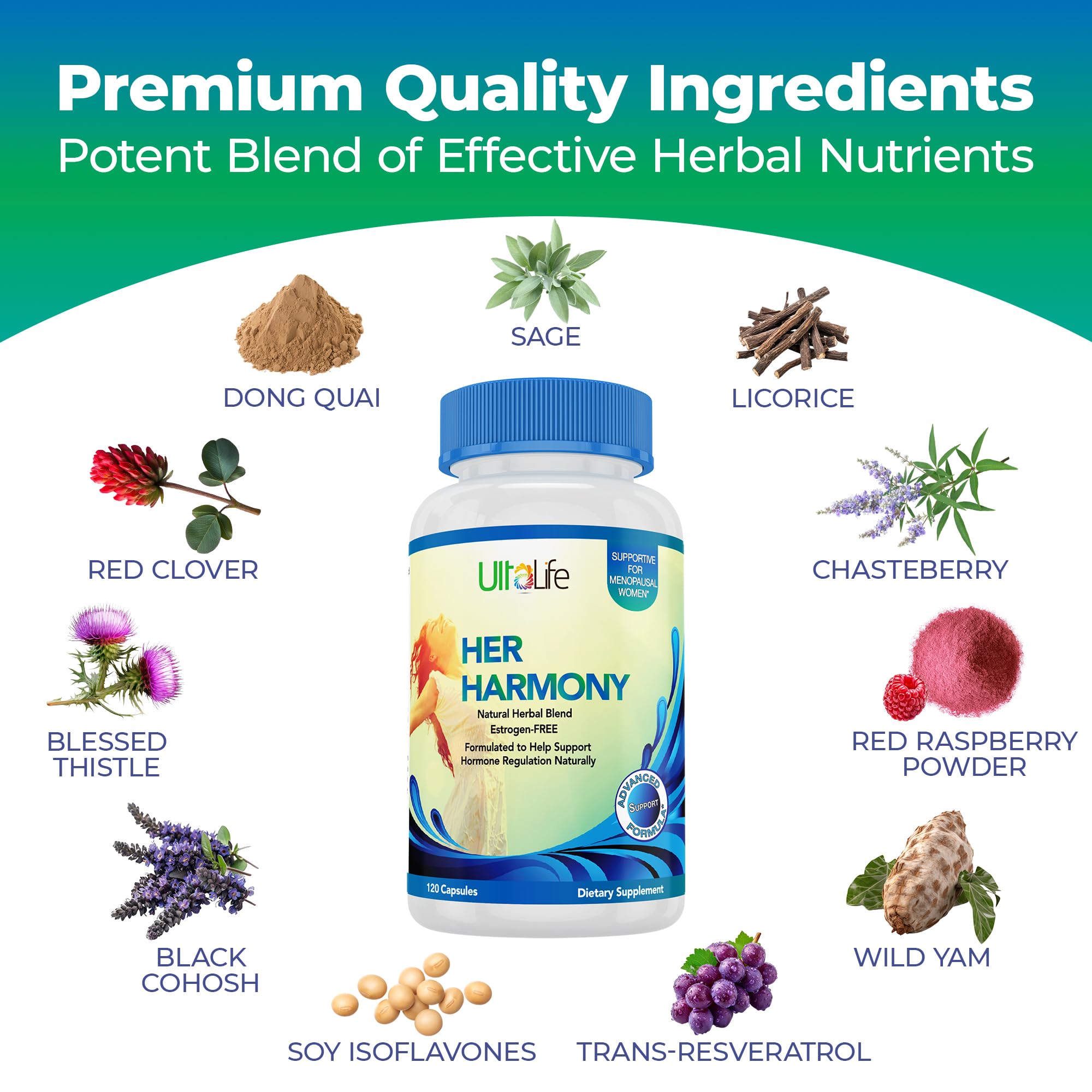 UltaLife Her Harmony Menopause Supplements for Women - Hot Flashes Menopause Relief & Hormone Balance for Women - Contains Black Cohosh, Dong Quai, Red Clover & More - Estrogen Free - 120 Capsules ULTALIFE Au supplements