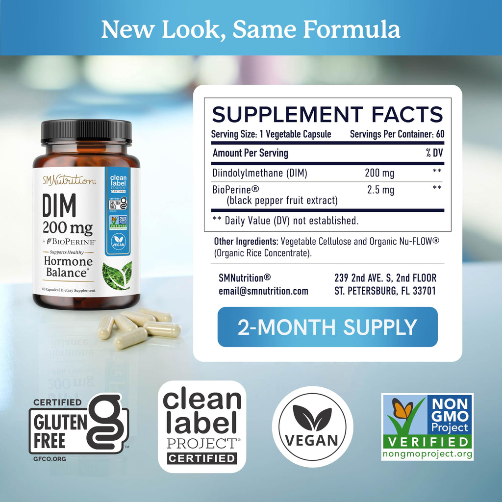 DIM Supplement 200 mg | Estrogen Balance for Women & Men | Hormonal Acne, Hormone Balance, Menopause & Antioxidant Support | Clean Label Project Certified