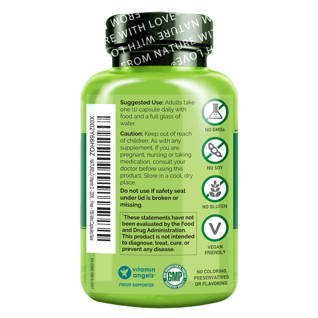 NATURELO Vitamin D - 2500 IU - Plant Based from Lichen - Natural D3 Supplement for Immune System, Bone Support, Joint Health - Vegan