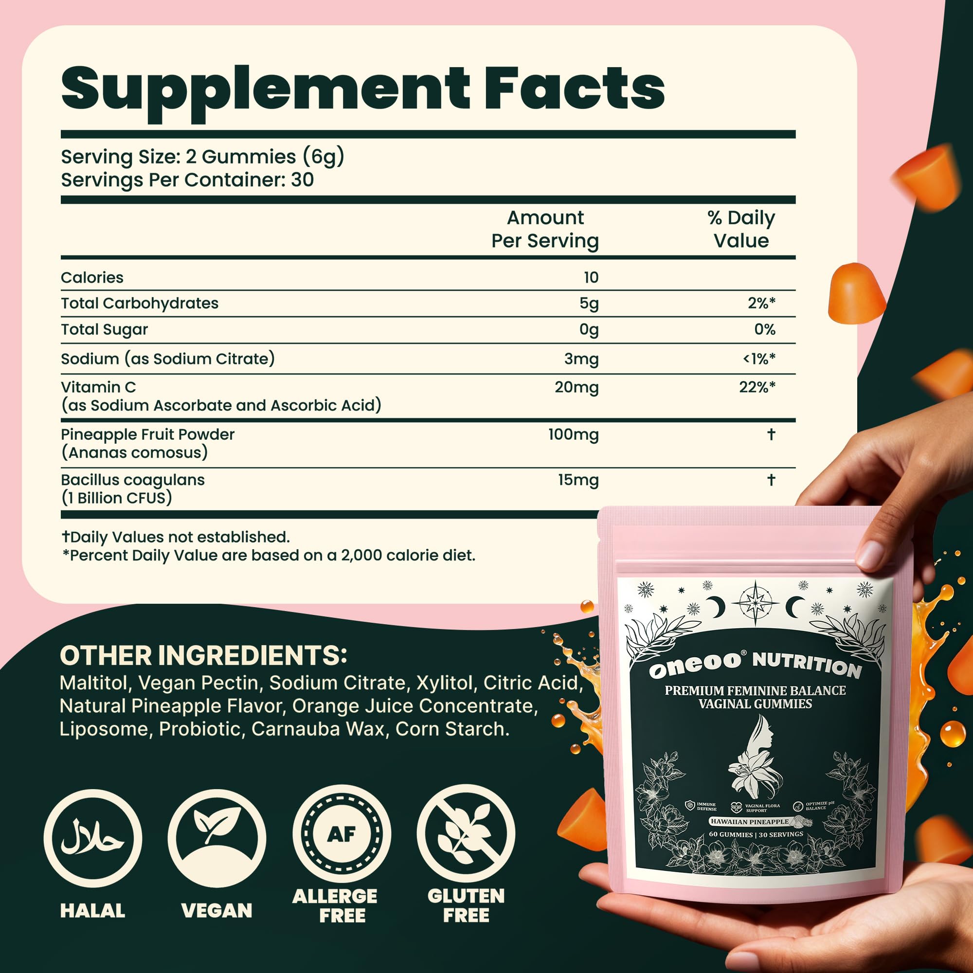 Oneoo Feminine Balance Gummies - Premium Balance Gummies for Women's pH Health, Feminine Gummy for Immune & Energy Support, Vegan, Gluten-Free, Hawaiian Pineapple, 60 Count Oneoo Au supplements