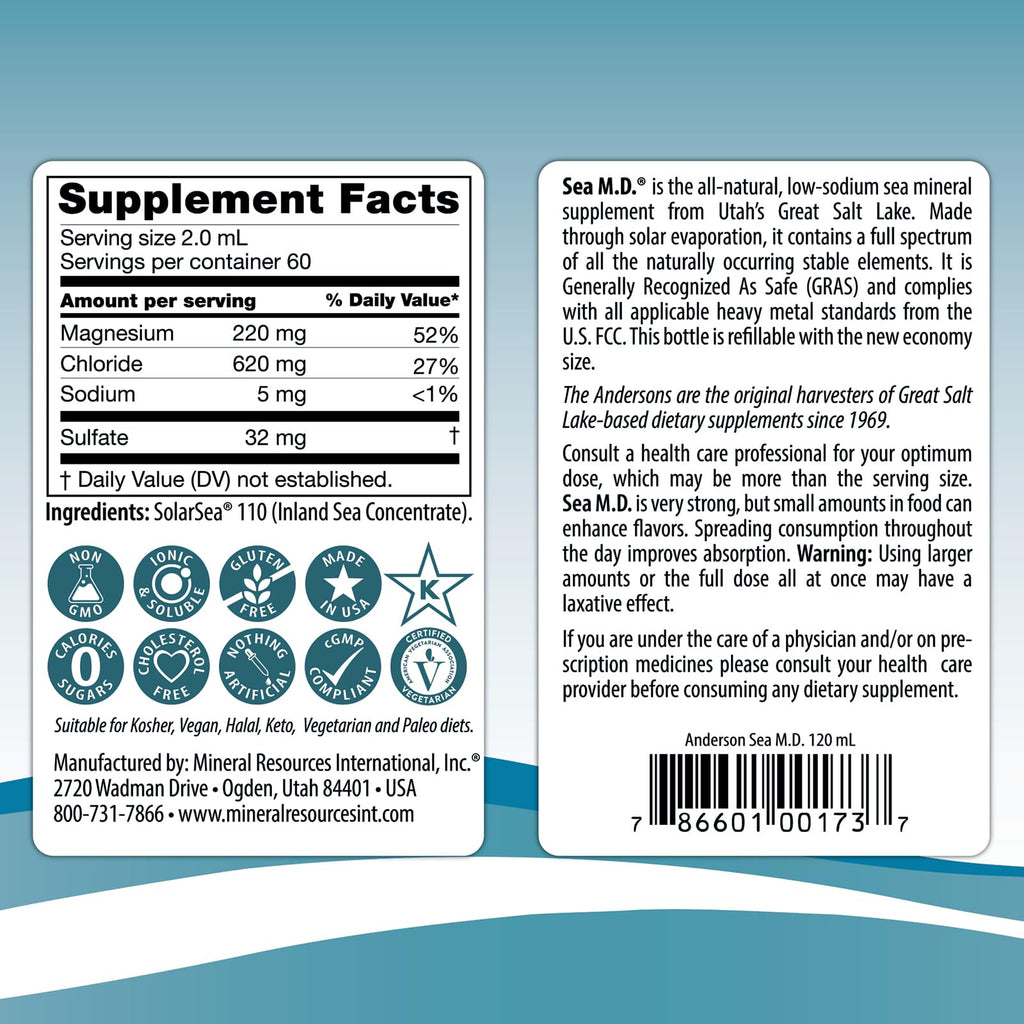 Anderson Sea M.D. Concentrated Trace Mineral Drops, 79 Trace Minerals with Magnesium, Sodium and Chloride Electrolytes - Supports Hydration, Energy