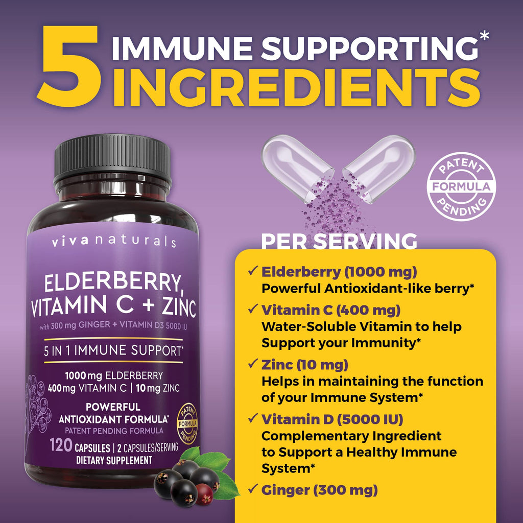 Viva Naturals Elderberry with Vitamin C and Zinc for Adults - 5 in 1 Sambucus Black Elderberry Capsules with Vitamin D3 5000 IU Immunity Supplement