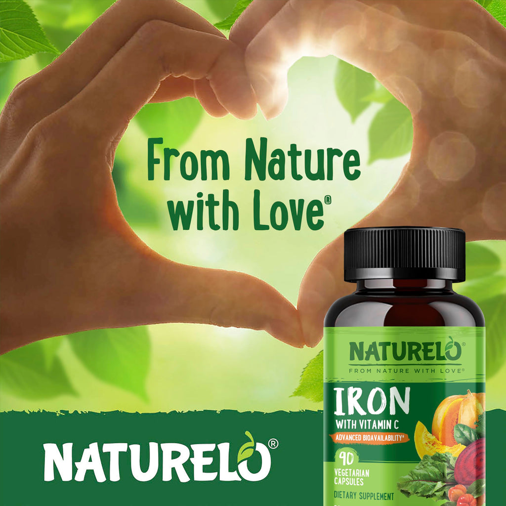 NATURELO Vegan Iron Supplement with Vitamin C and Organic Whole Foods - Gentle Iron Pills for Women & Men with Iron Deficiency Including Pregnancy