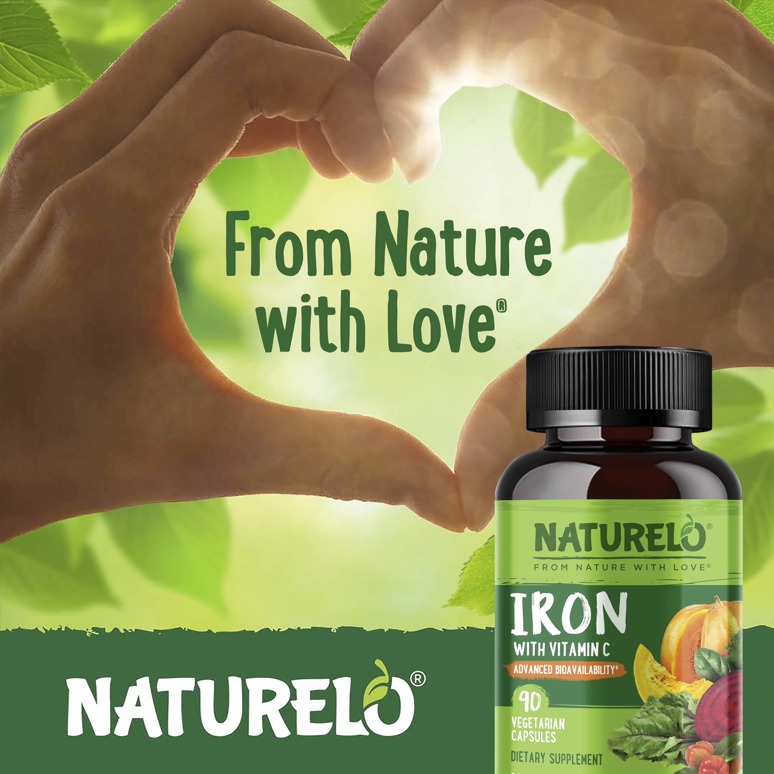 NATURELO Vegan Iron Supplement with Vitamin C and Organic Whole Foods - Gentle Iron Pills for Women & Men with Iron Deficiency Including Pregnancy