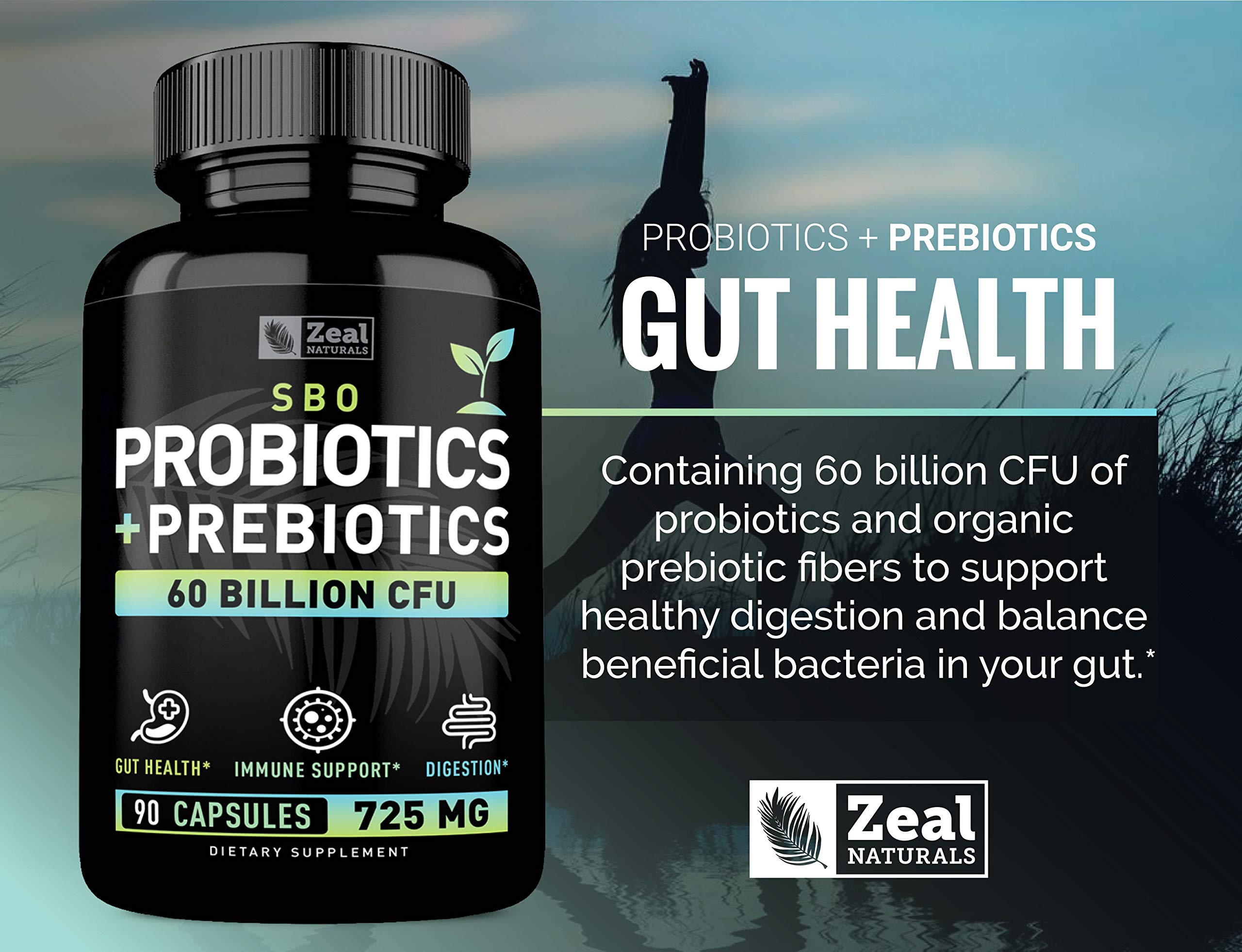 Probiotics and Prebiotics + SBO Probiotics (60 Billion CFU | 90 Capsules) Acidophilus Probiotic w. Saccharomyces Boulardii, Bifidobacterium + Spore Probiotic & Organic Sprouted Prebiotic Fiber Blend Zeal Naturals Au supplements