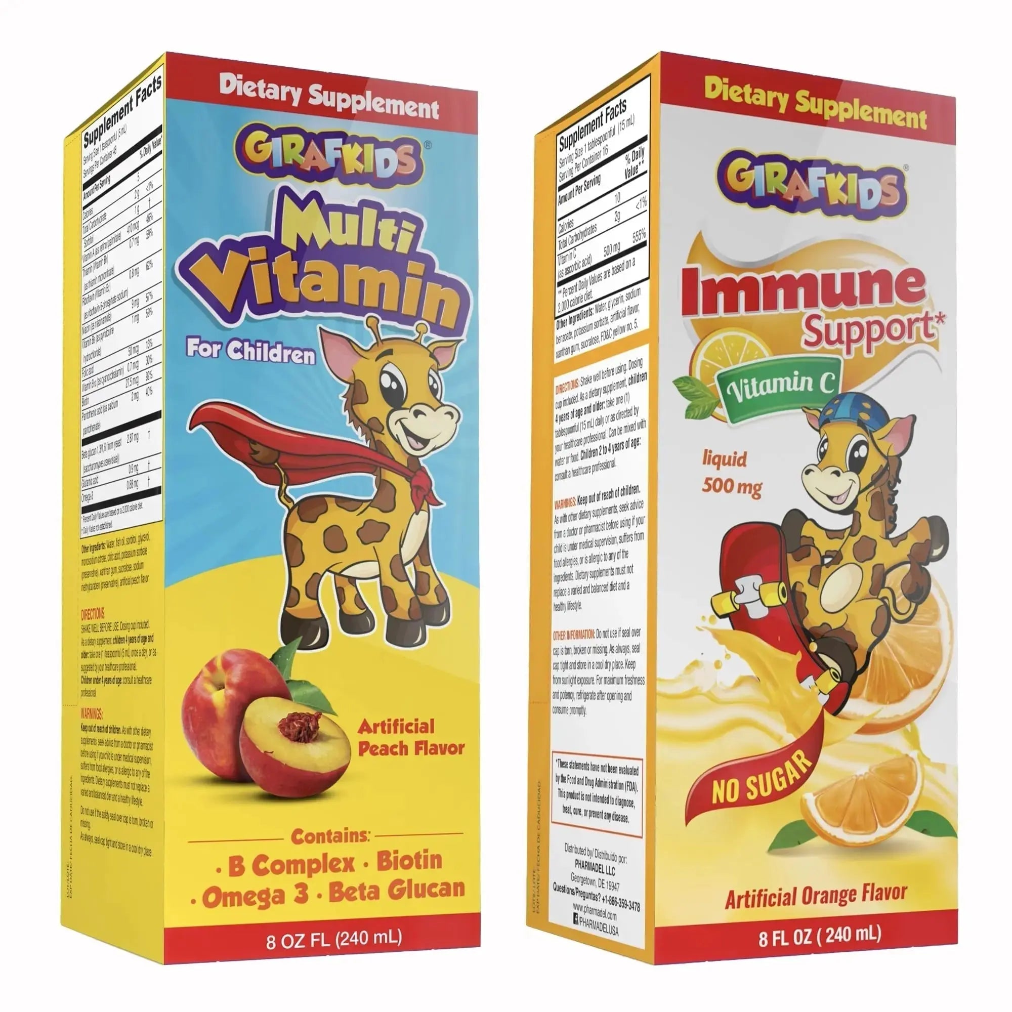 GirafKids Multivitamin Syrup + Liquid Vitamin C Bundle for Kids Ages 4+ | Omega-3, Beta Glucan, Folic Acid & Antioxidant Support | Peach & Orange Flavors PHARMADEL Au supplements