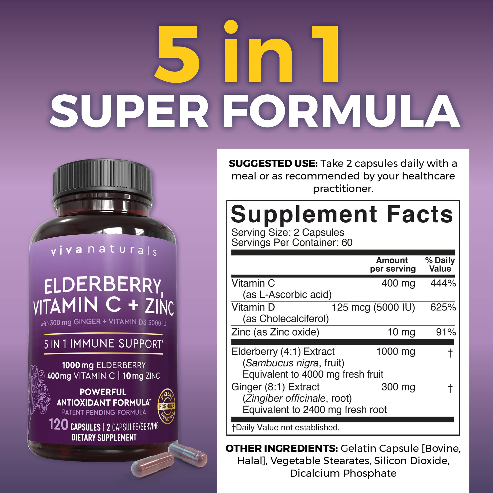 Viva Naturals Elderberry with Vitamin C and Zinc for Adults - 5 in 1 Sambucus Black Elderberry Capsules with Vitamin D3 5000 IU Immunity Supplement