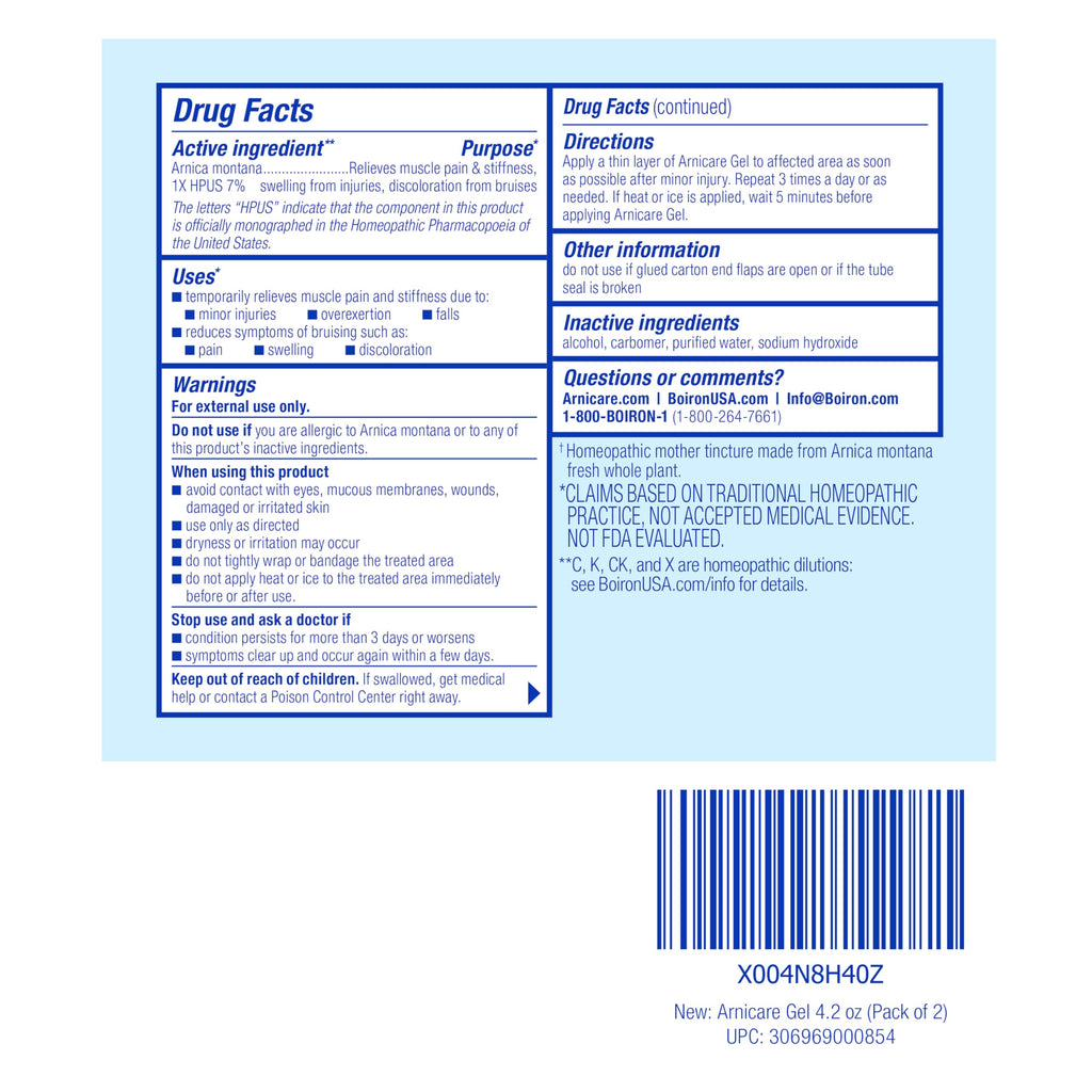 Boiron Arnicare Gel 4.2 oz (Twin Pack) for Joint Pain Relief, Muscle Pain, Muscle Soreness, and Swelling from Bruises or Injury - Non-Greasy and Fragrance-Free Arnica Boiron Au supplements