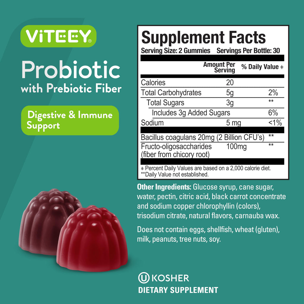 Viteey Probiotic Gummies with Prebiotics – Gut Health Supplements for Digestive Health – 2 Billion CFUs – Vegan, Gluten-Free – 60 Count