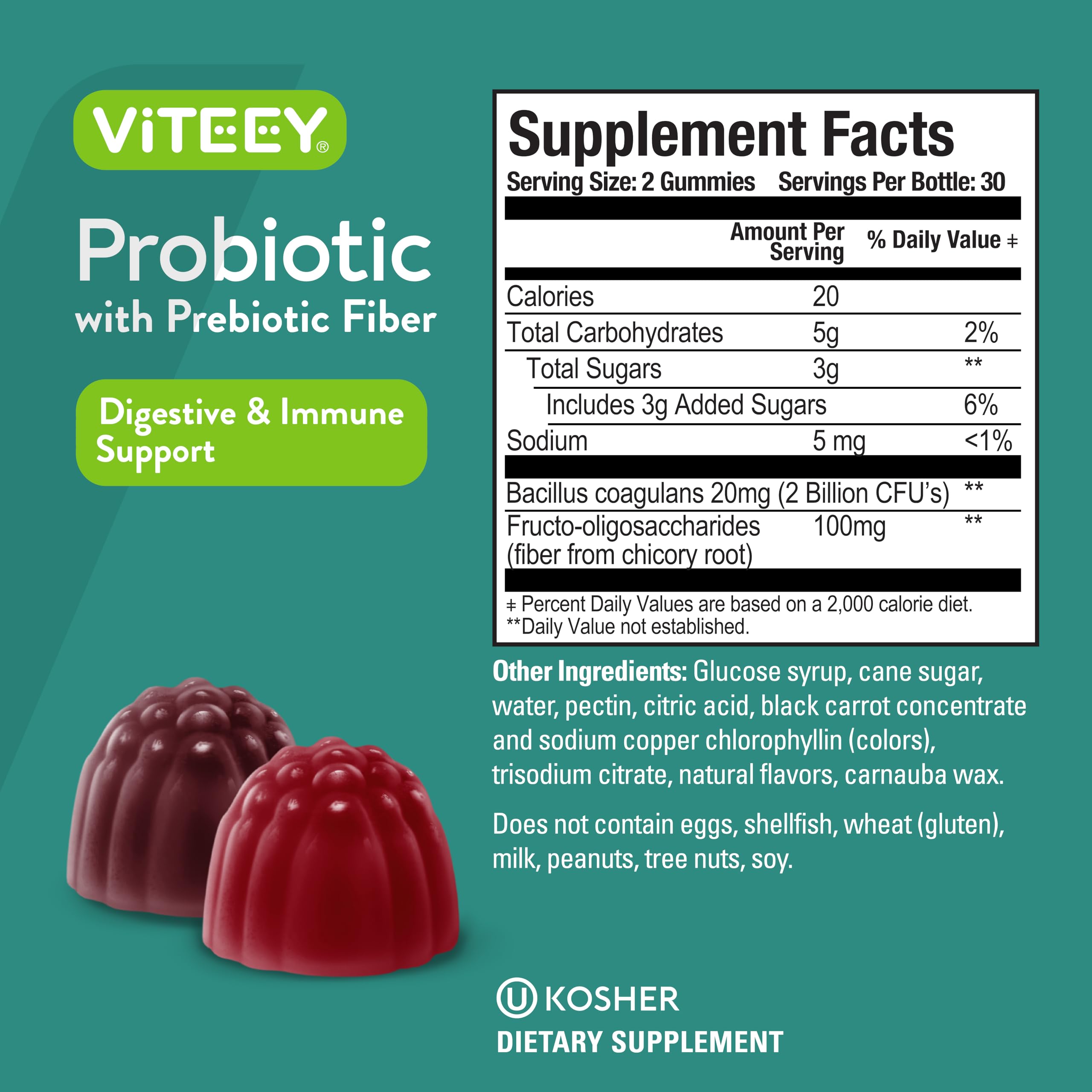 Viteey Probiotic Gummies with Prebiotics – Gut Health Supplements for Digestive Health – 2 Billion CFUs – Vegan, Gluten-Free – 60 Count