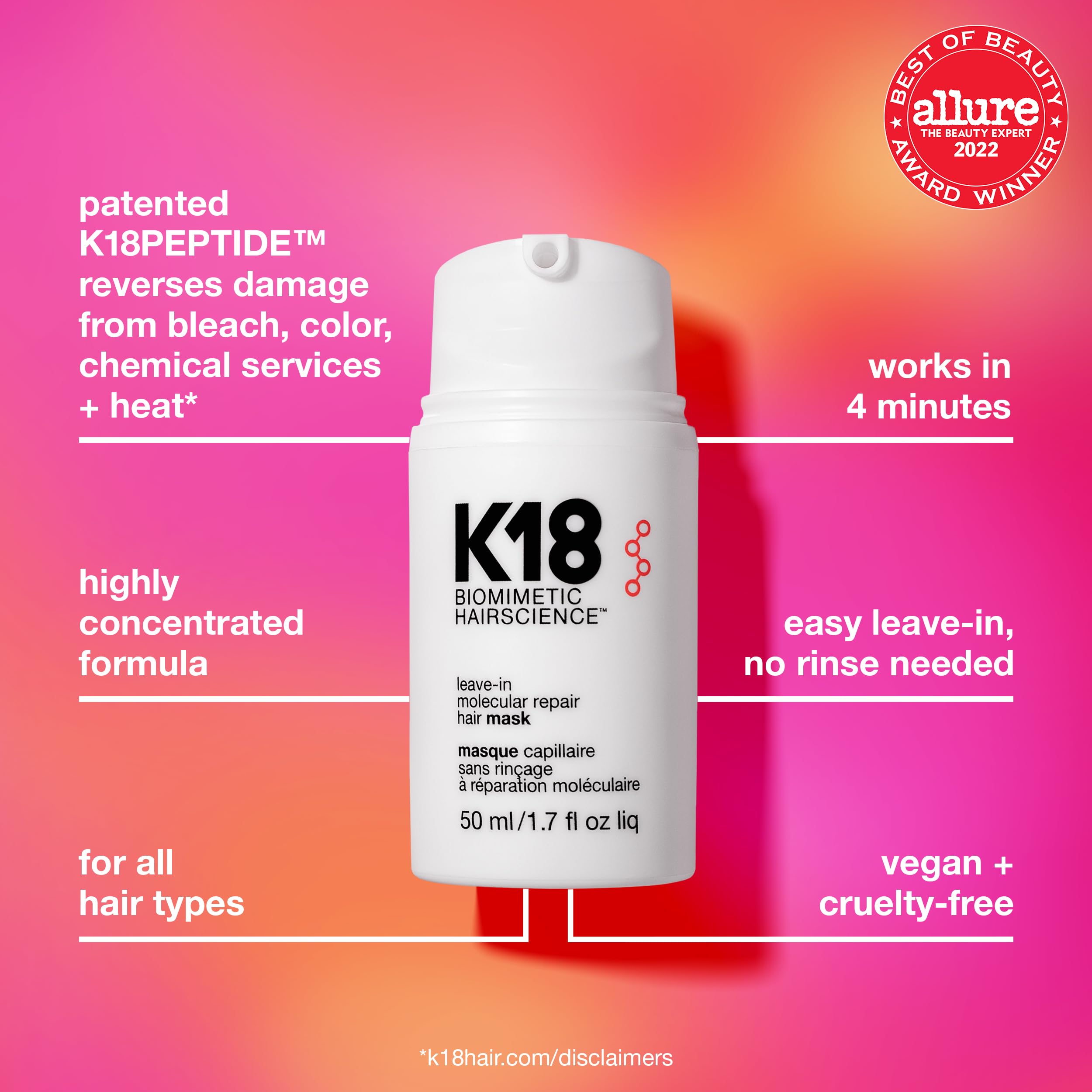 K18 Leave-In Molecular Repair Hair Mask - Peptide Hair Treatment Mask for Bleach, Color, Chemical + Heat Damaged Strands - Immediate + Lasting Damage Reversal in 4 Minutes (1.7 Fl oz) K18 Au supplements