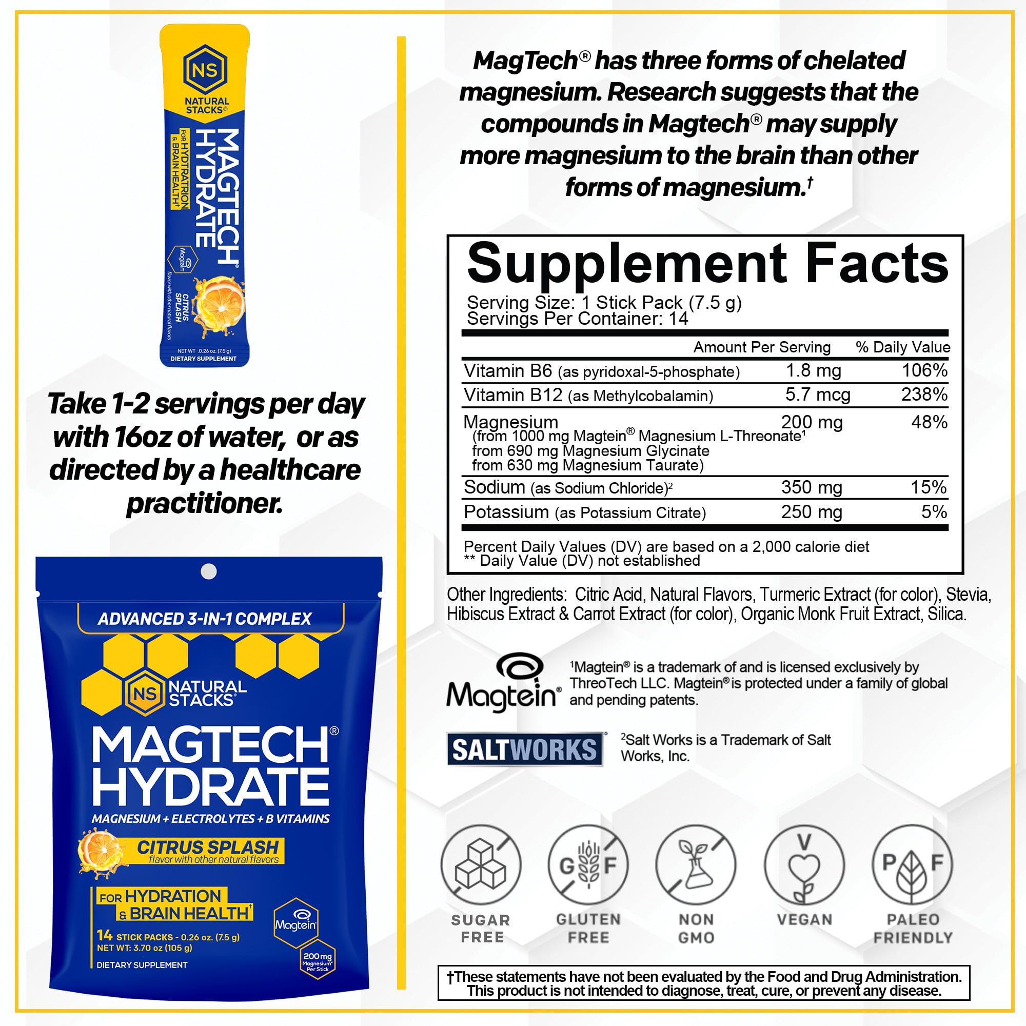 MagTech Magnesium Hydrate Packets - Sugar Free Hydration Powder - Magtein Magnesium L-Threonate, Glycinate & Taurate - 200mg Chelated Triple Complex - Supports Hydration & Brain Health* - 14 Servings NATURAL STACKS Au supplements