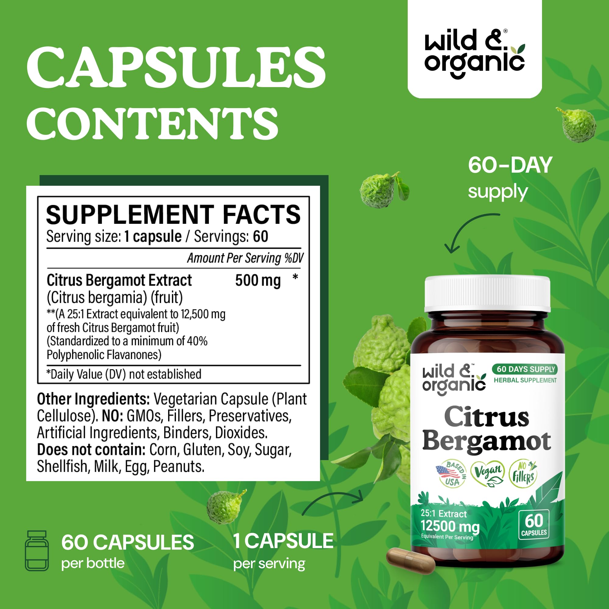 Wild & Organic Citrus Bergamot Capsules - Antioxidant & Overall Support - Citrus Bergamot Extract Capsules - Bergamia Fruit Powder Supplement
