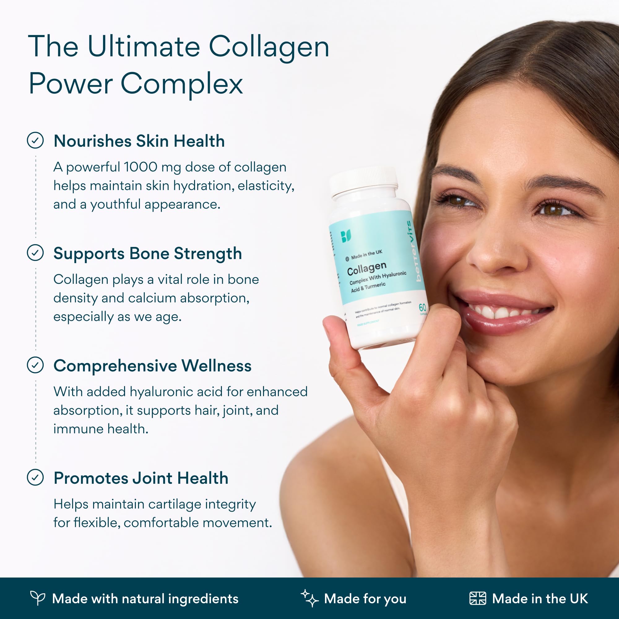 Bettervits Collagen Peptides Complex with Hyaluronic Acid & Turmeric | Hydrolyzed Marine Collagen Supplements for Women & Men | Collagen with Vitamin C