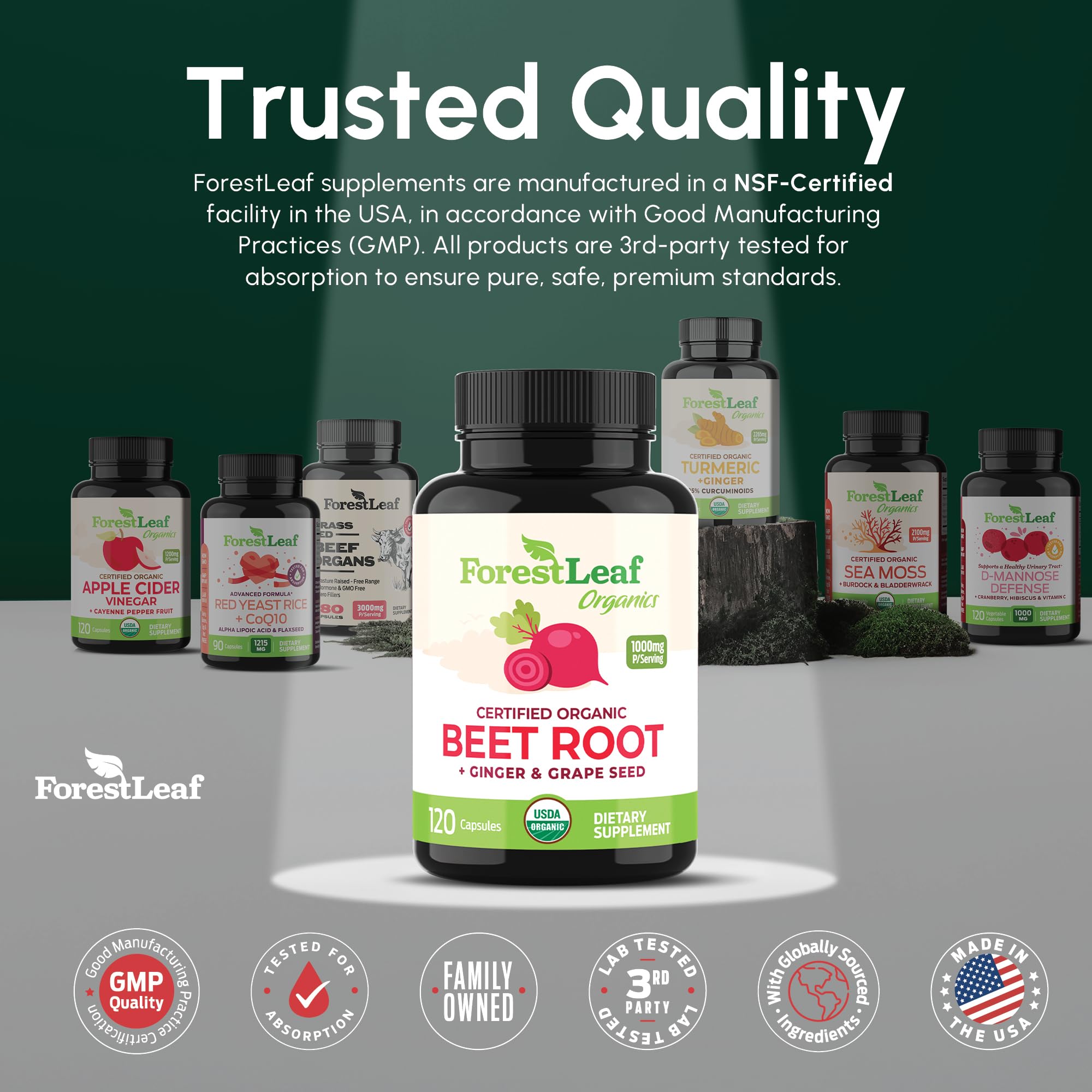 ForestLeaf USDA Organic Beet Root Capsules - Beetroot Supplement 1000mg 20:1 Extract w/Ginger Grape Seed - Support Blood Pressure, Nitric Oxide