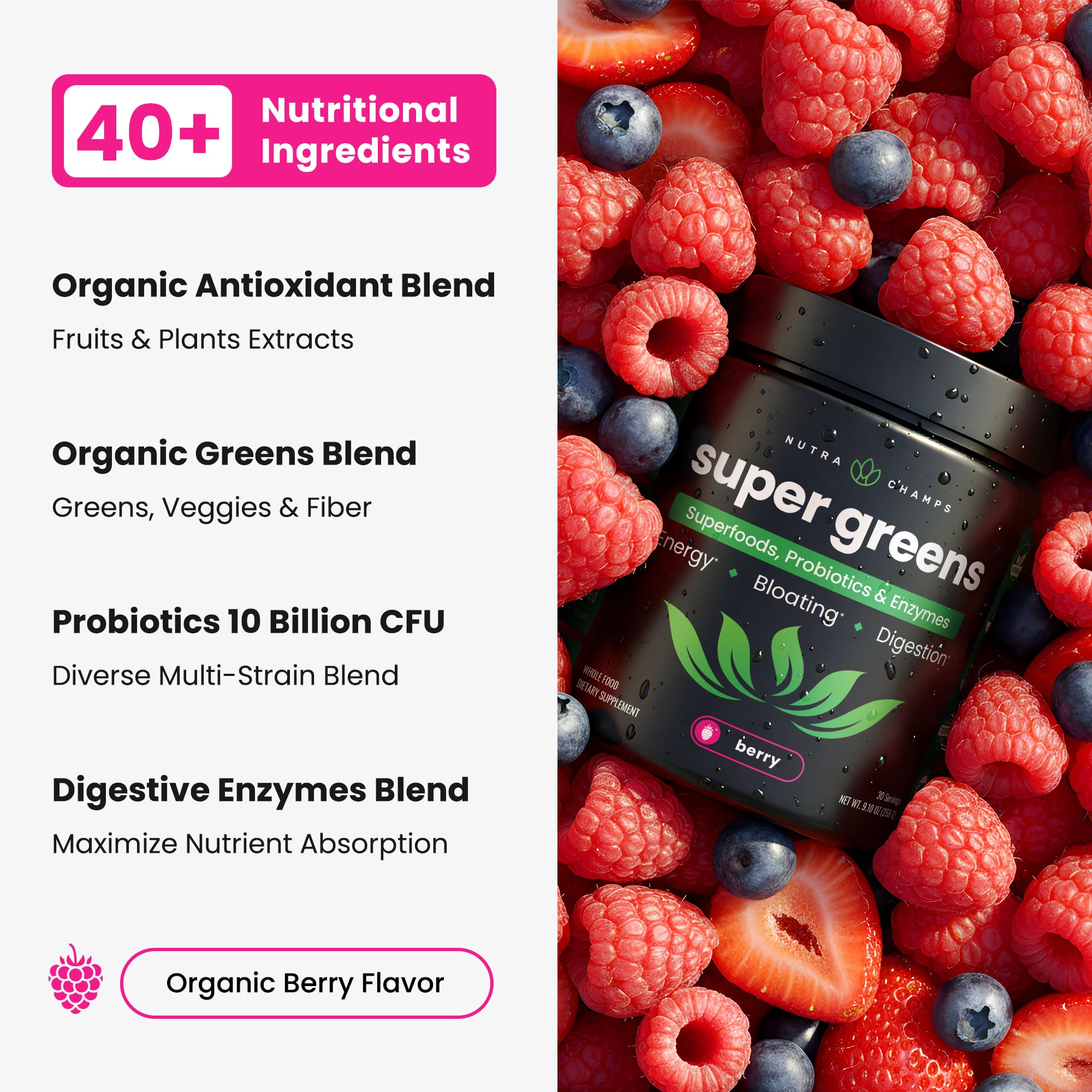 SuperGreens Powder, 40+ Organic Superfoods, Probiotics & Enzymes for Energy, Digestion, Gut Health & Bloating | Organic Fruit & Veggie Drink Mix, Daily Green Juice