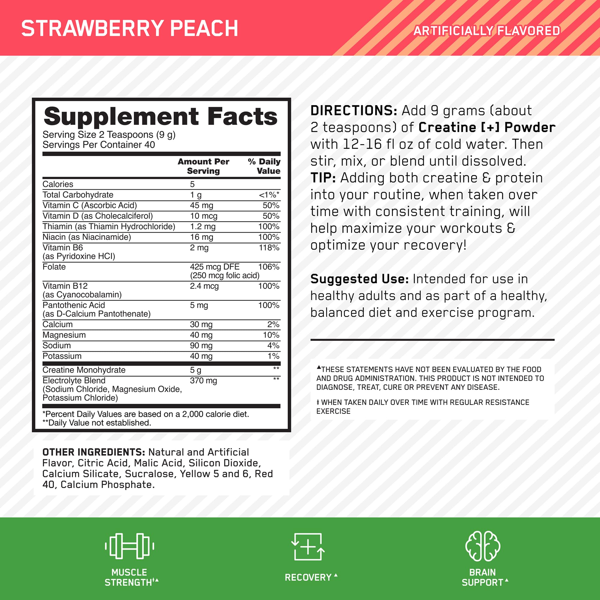 Optimum Nutrition Creatine Monohydrate Plus Powder, Strawberry Peach Flavored Creatine Performance Blend, with Electrolytes for Hydration, Added Vitamins