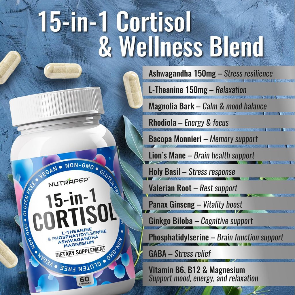 NutraPep Cortisol Detox Supplement Men Women - Reduce Lower Cortisol High Cortisol Reducer Blocker Control - Supports Stress Mood Rest Adrenal Calm Relax with Ashwagandha L-Theanine Magnesium NutraPep Au supplements
