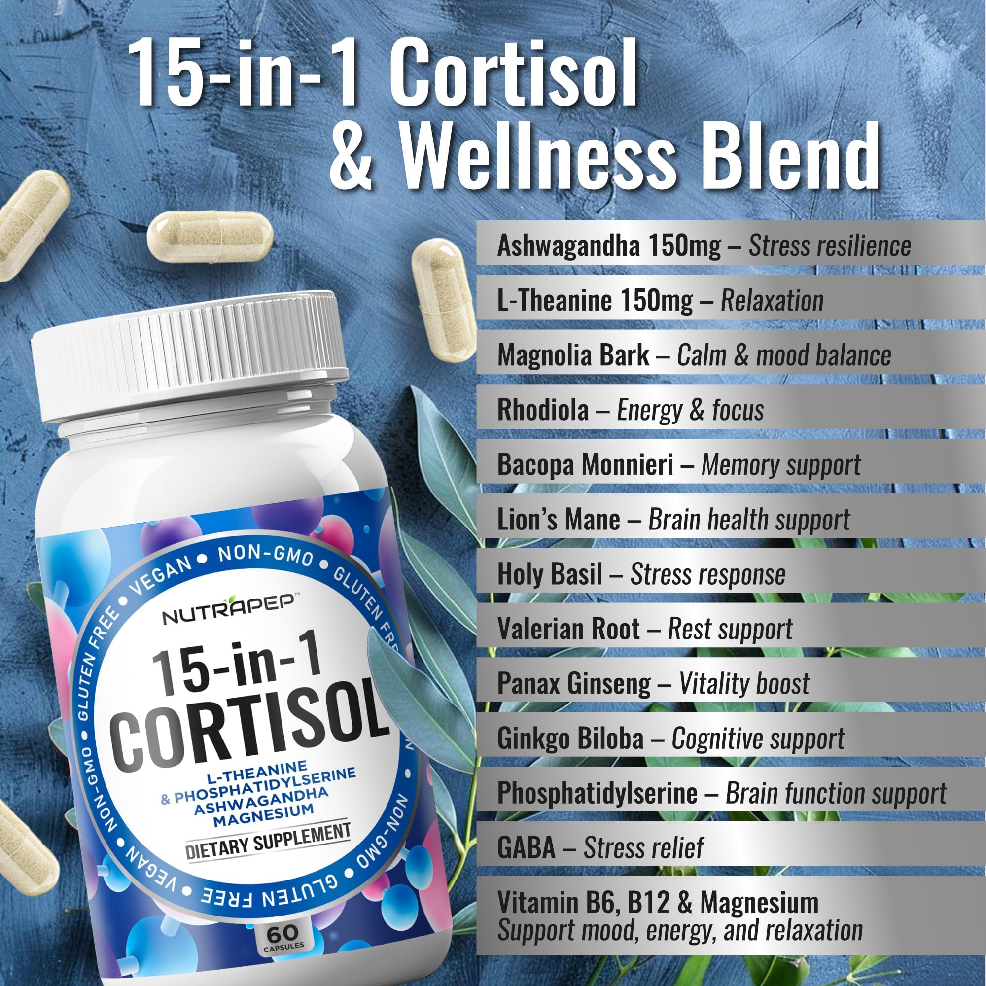 NutraPep Cortisol Detox Supplement Men Women - Reduce Lower Cortisol High Cortisol Reducer Blocker Control - Supports Stress Mood Rest Adrenal Calm Relax with Ashwagandha L-Theanine Magnesium NutraPep Au supplements