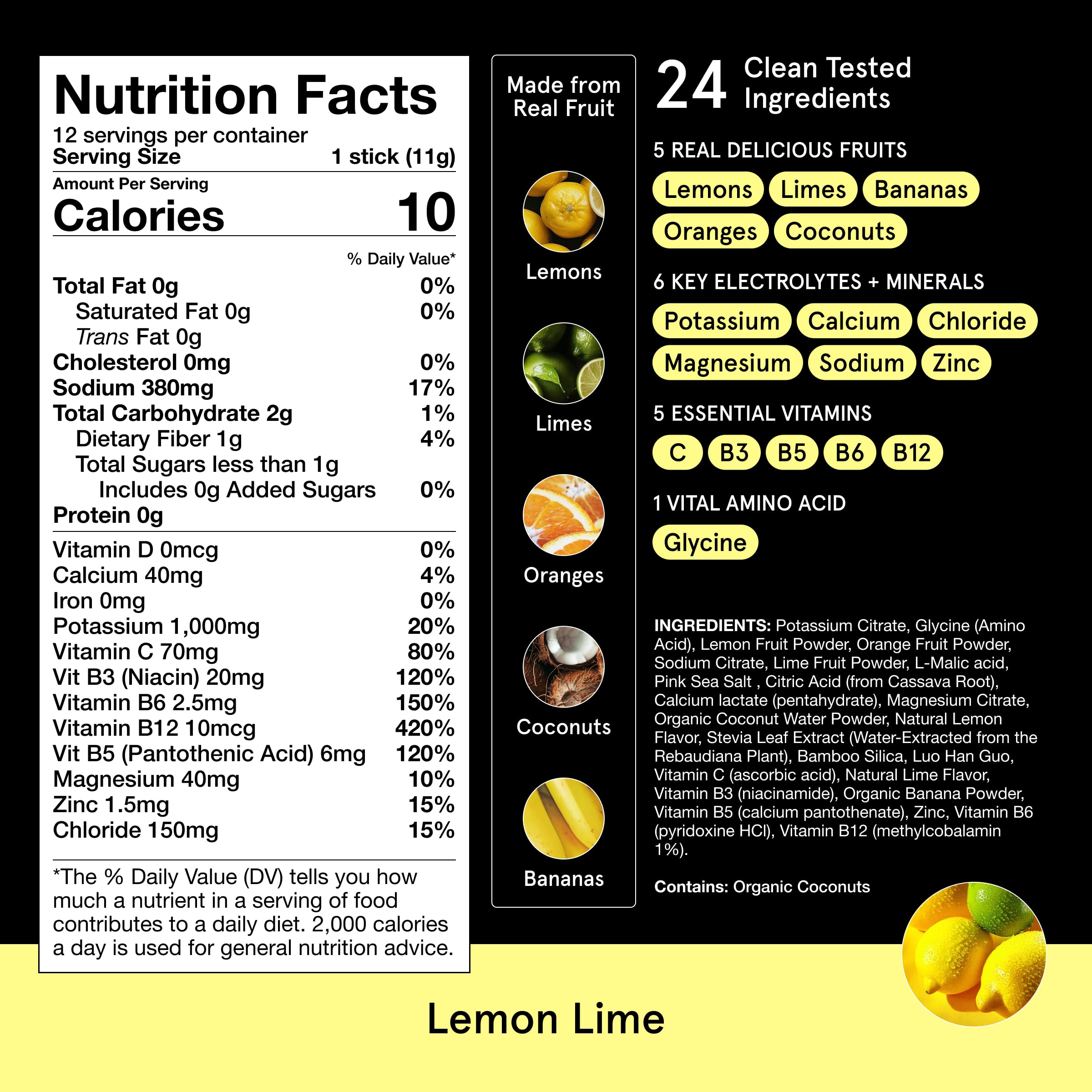DryWater Electrolyte Powder Packets, Lemon Lime - Hydration Packets Drink Mix with Zero Added Sugar for Rehydration & Energy - 6 Key Electrolytes