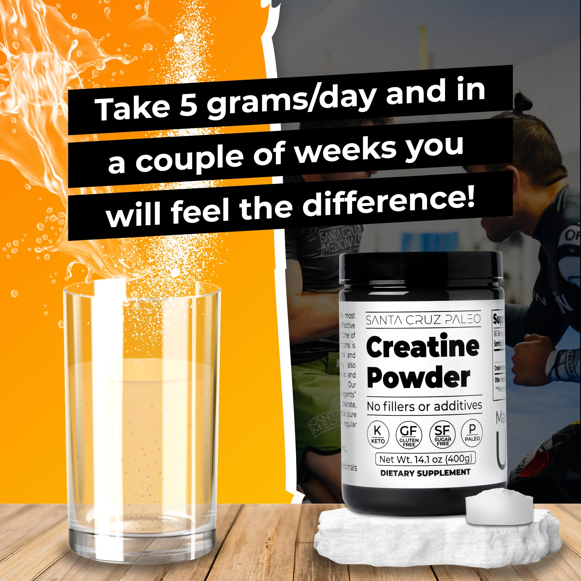 Santa Cruz Paleo, Creatine Monohydrate Powder Micronized, Unflavored Pre Workout and Muscle Support Supplement, Gluten Free Keto, Mix with Water or Shakes