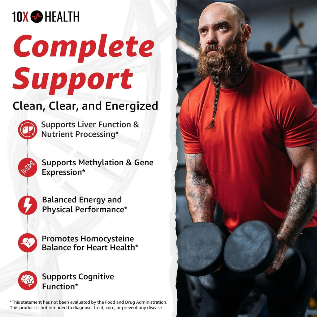 10X Health TMG Supplements - Trimethylglycine Supplement for Liver Support, Heart Wellness, Energy, Homocysteine Levels - TMG Capsules with Betaine Anhydrous