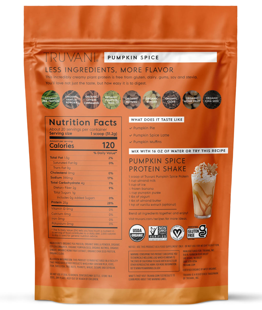 Truvani Vegan Pea Protein Powder | Pumpkin Spice | 20g Organic Plant Based Protein | 20 Servings | Keto | Gluten & Dairy Free