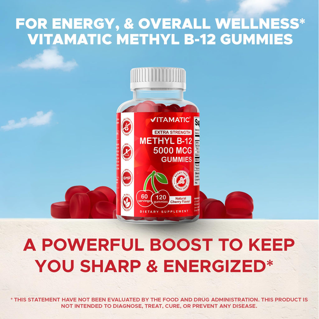 Vitamatic Extra Strength Vitamin B12 5000 mcg (Methyl B12) Gummies - 120 Count - Energy Metabolism Support and Nervous