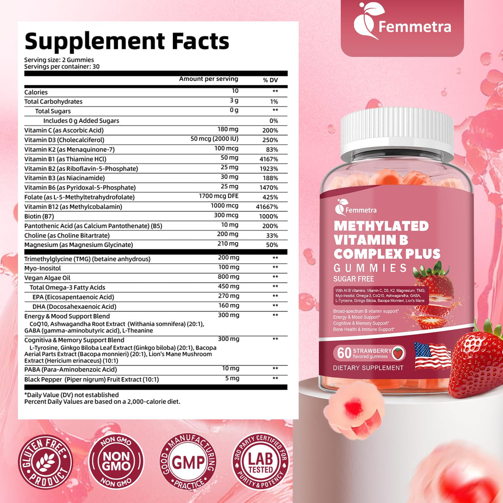 Ultra Methylated Vitamin B Complex Sugar Free Gummies - All B Vitamins + Vitamin C D3 K2 Ashwagandha Magnesium Omega 3 CoQ10 for Women Men - Methyl Vitamin B12