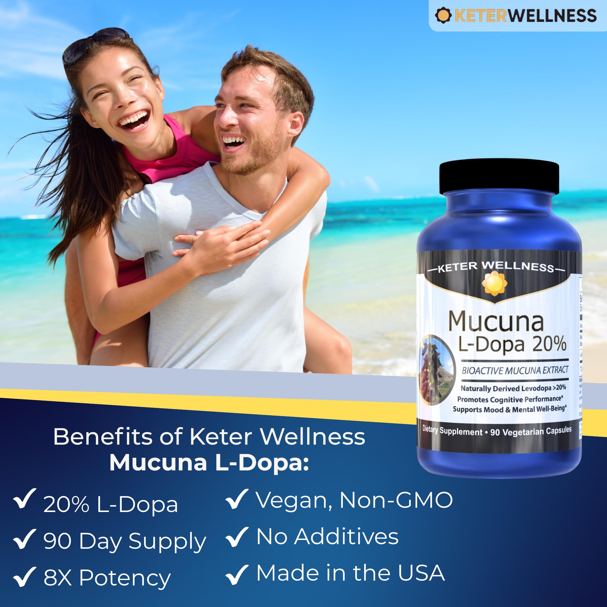 Mucuna Pruriens 20% L-Dopa – Standardized Velvet Bean Extract for Natural Dopamine, Focus & Mood Support – Pure 8:1 Concentrated Herbal Supplement – Vegan, Non-GMO, 90 Capsules Keter Wellness Au supplements