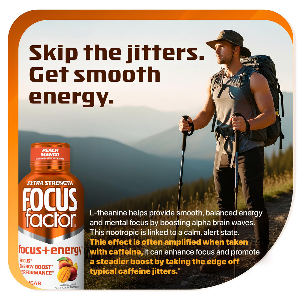 Focus Factor Extra Strength Focus + Energy Shots - 12 x 2oz Bottles (Peach Mango Flavor) - Powered by Nootropics with Caffeine, L-Theanine, Ginkgo, Bacopa, L-Tyrosine, Alpha GPC Focus Factor Au supplements