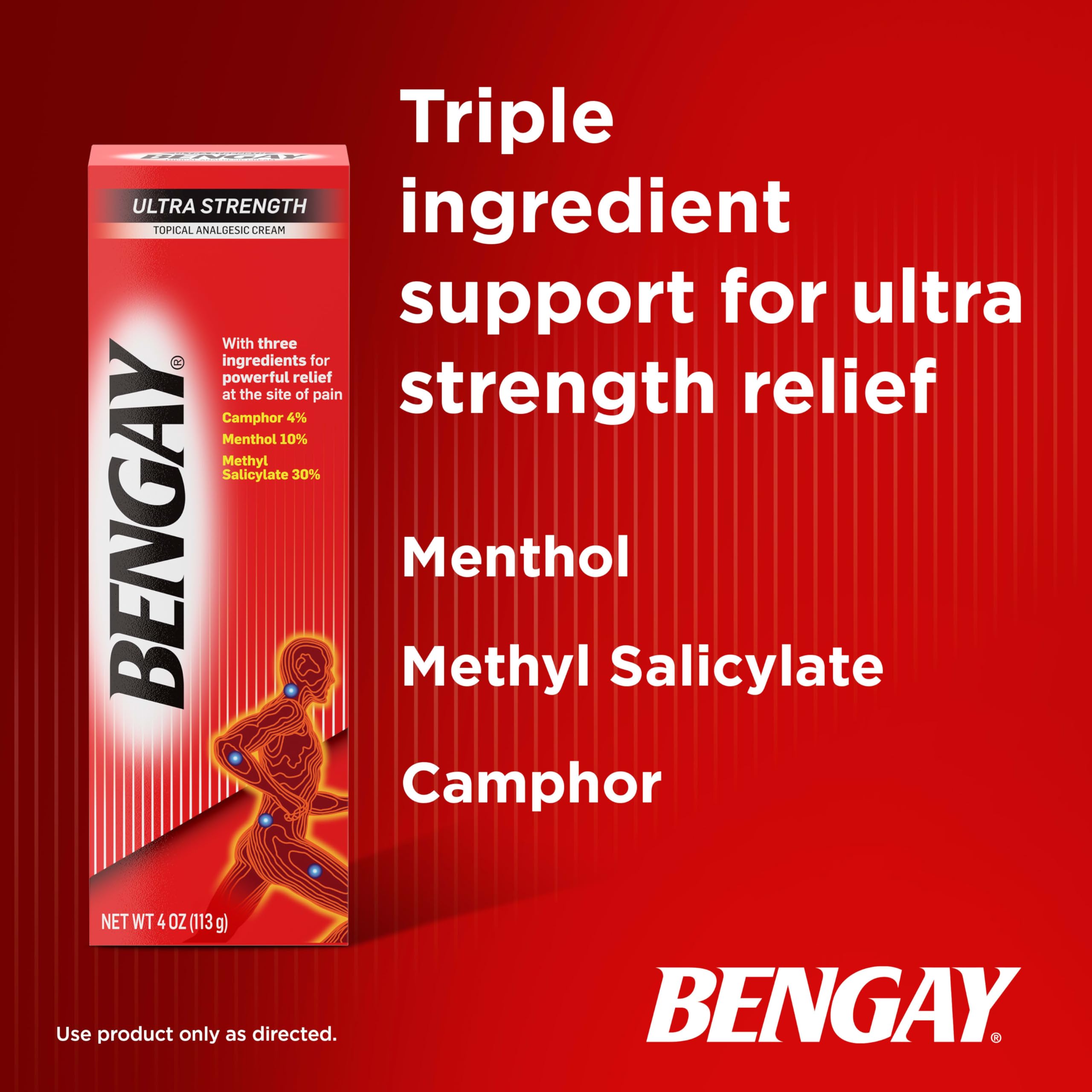 Bengay Ultra Strength Topical Pain Relief Cream, Non-Greasy Topical Analgesic for Minor Arthritis, Muscle, Joint and Back Pain, Camphor, Menthol and Methyl Salicylate, 4 OZ Bengay Au supplements