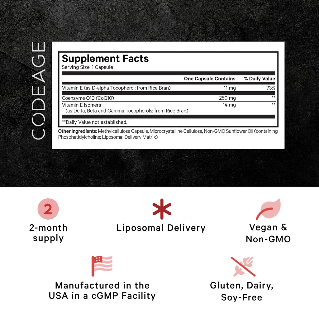 Codeage Liposomal CoQ10 Max Supplement - 250 mg Coenzyme Q10 with Vitamin E Isomers Tocopherols - 2-Month Supply - 1 Capsule Per Serving - Liposomal Delivery - Non-GMO, Gluten-Free - 60 Capsules Codeage Au supplements