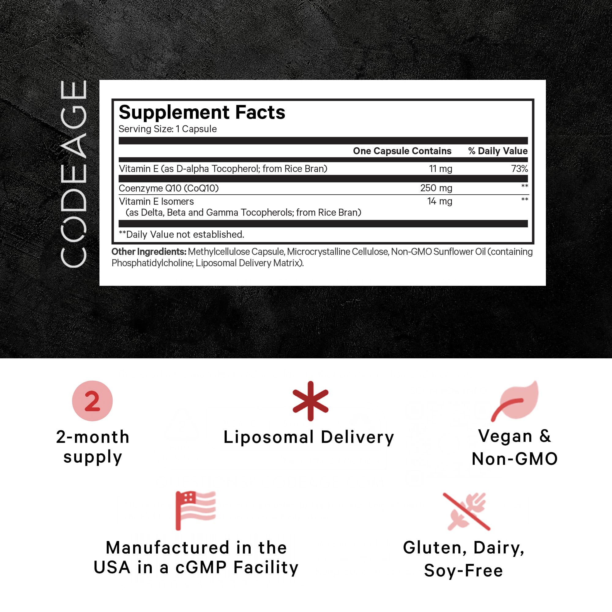 Codeage Liposomal CoQ10 Max Supplement - 250 mg Coenzyme Q10 with Vitamin E Isomers Tocopherols - 2-Month Supply - 1 Capsule Per Serving - Liposomal Delivery - Non-GMO, Gluten-Free - 60 Capsules Codeage Au supplements