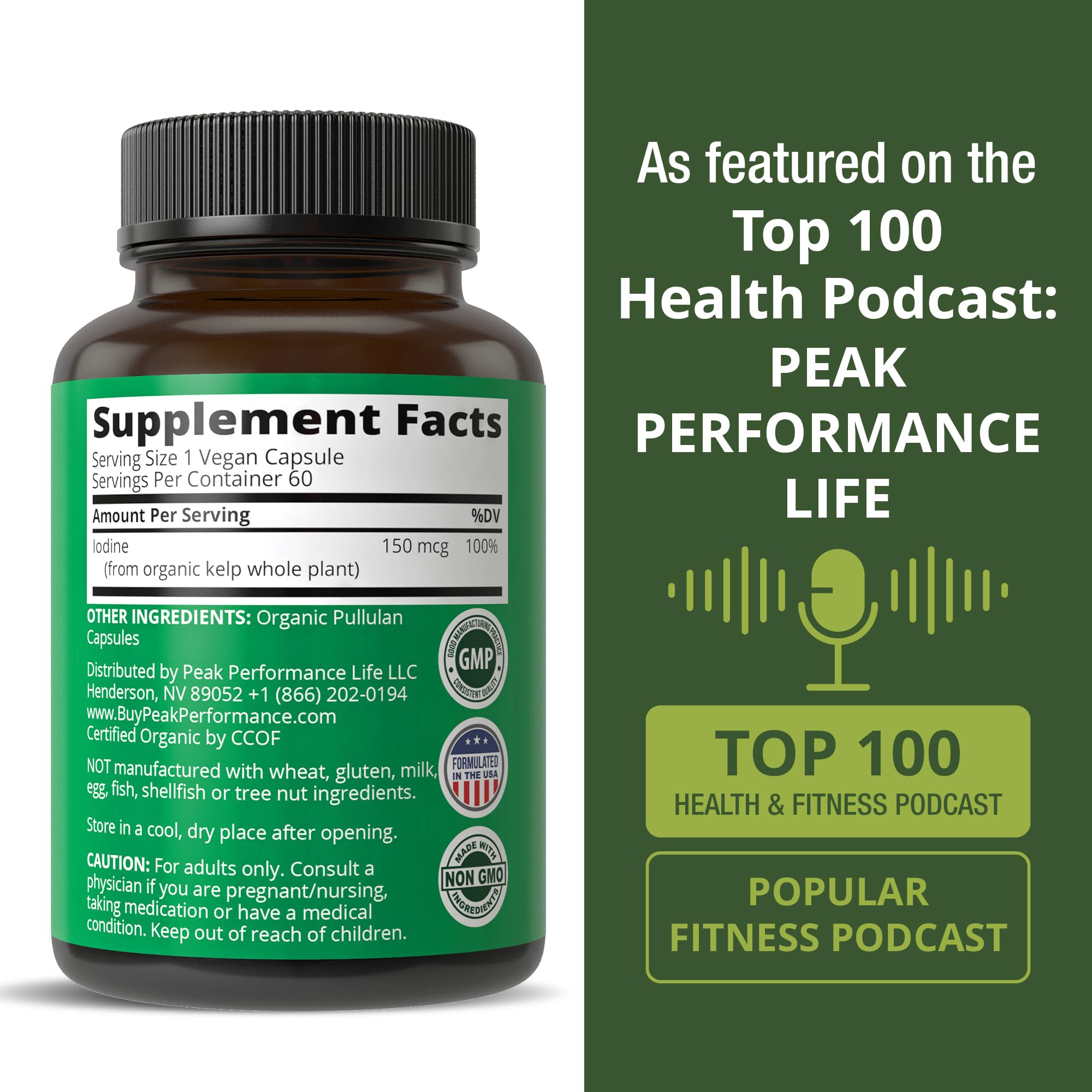 Raw Whole Food Iodine Supplement from Organic Kelp (Ascophyllum Nodosum) by Peak Performance. Potassium Iodide Support Tablets. for Metabolism, Energy, and Immune. 60 Vegan Capsules, Pills. Peak Performance Au supplements