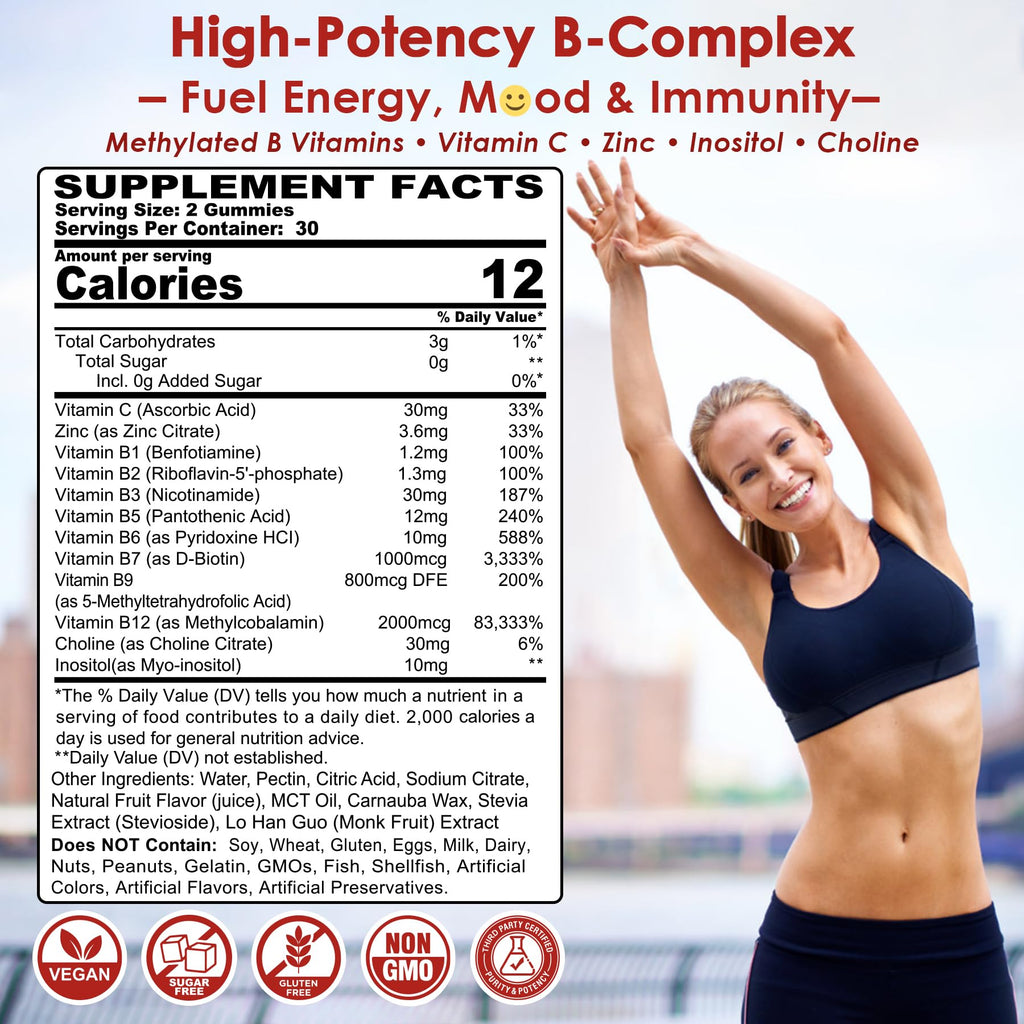 Methylated Vitamin B Complex Gummies 2 Pack, Methyl B12 & Folate with B1, B2, B3, B5, Biotin | Vitamin C, Zinc, Choline & Inositol – B Complex Supplement for Energy