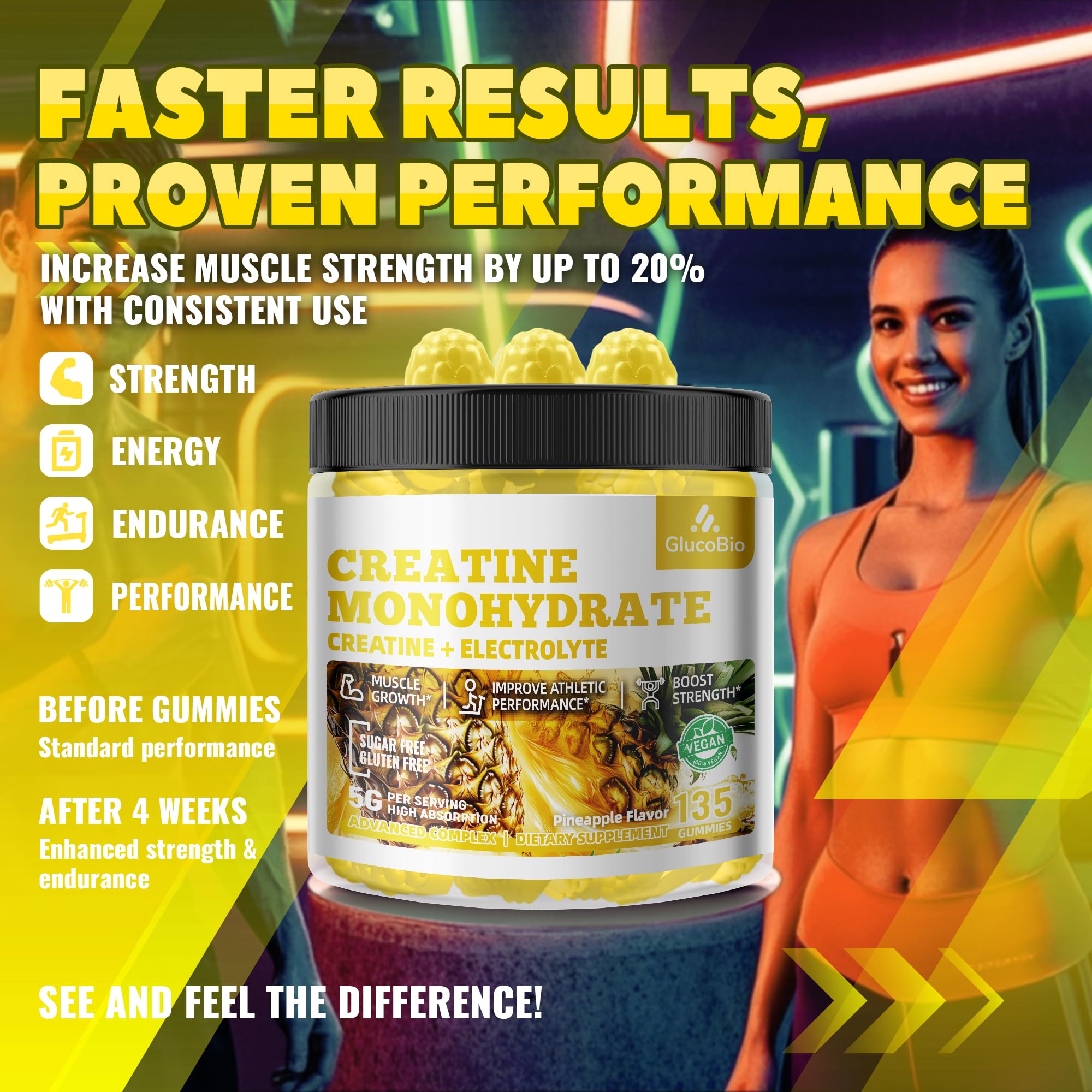 GlucoBio Creatine Monohydrate Gummies (5g) – Pre-Workout Energy & Muscle Growth Support for Men & Women | Pineapple Electrolyte Gummies (135 Count)