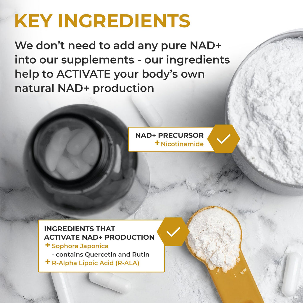 Nuchido Time+ NAD Supplement for Men & Women - Advanced Formula for Healthy Aging, Energy, Focus, Cellular Health & Longevity - Nicotinamide, Alpha Lipoic Acid, Quercetin - 90 Capsules Nuchido Time+ Au supplements