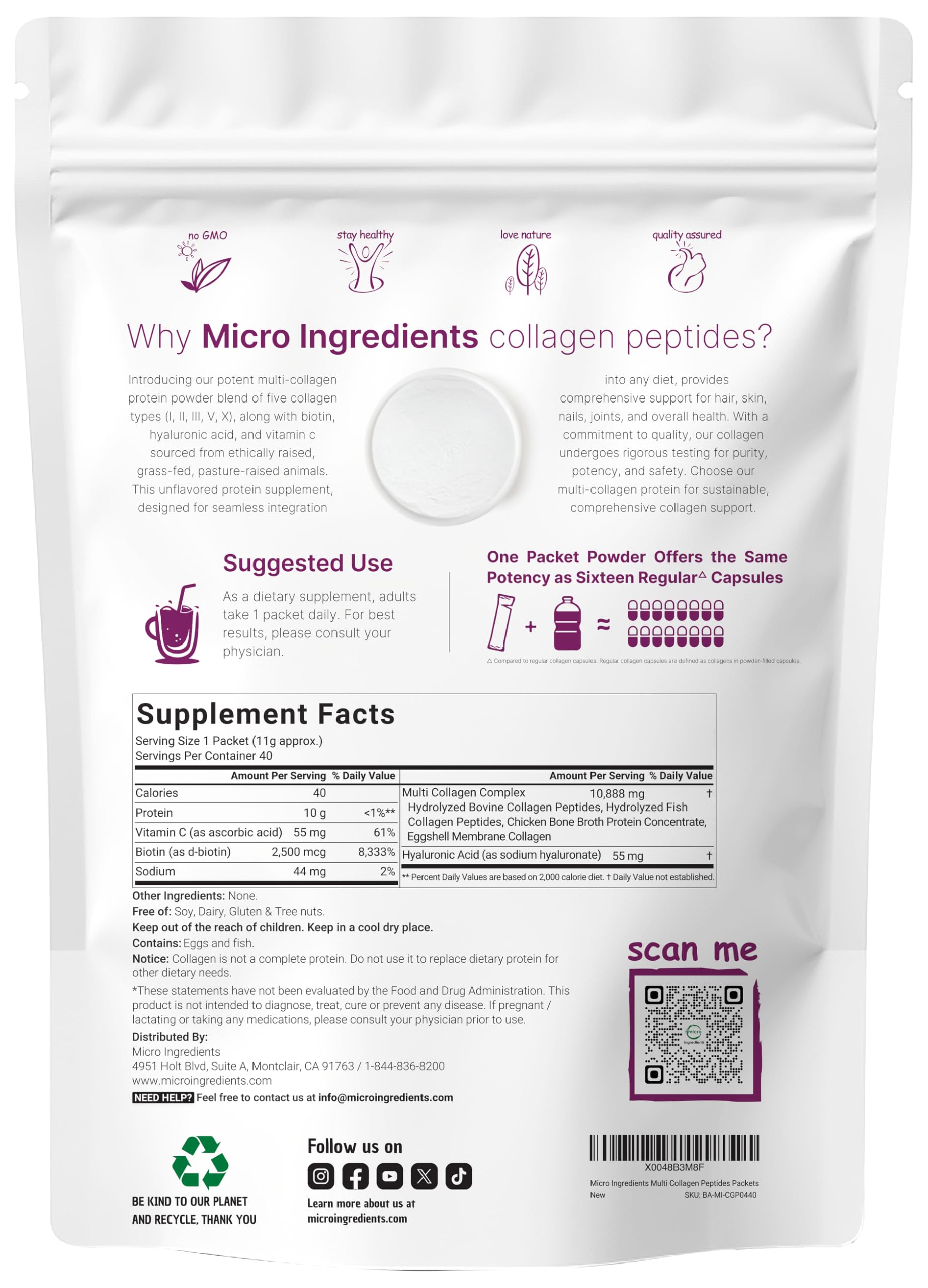 Micro Ingredients Multi Collagen Peptides Powder, 40 Stick Packs | Type I, II, III, V, X + Biotin, Vitamin C & Hyaluronic Acid | Unflavored