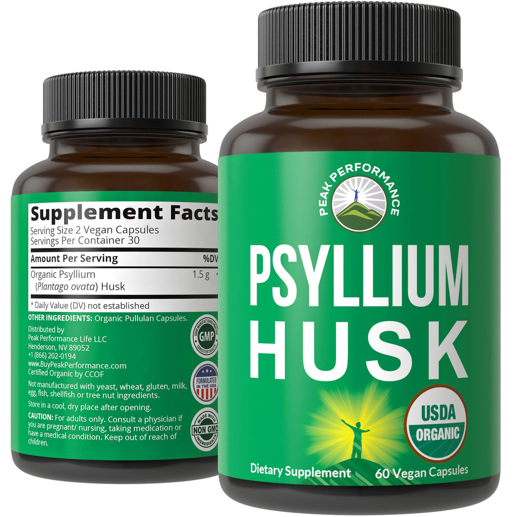 USDA Organic Psyllium Husk Vegan Capsules Made with Organic Psyllium Husk Seed. Fiber Supplement for Gut. Digestive Prebiotics. Pills for Digestion, Roughage Without Bloating. Tablets Peak Performance Au supplements