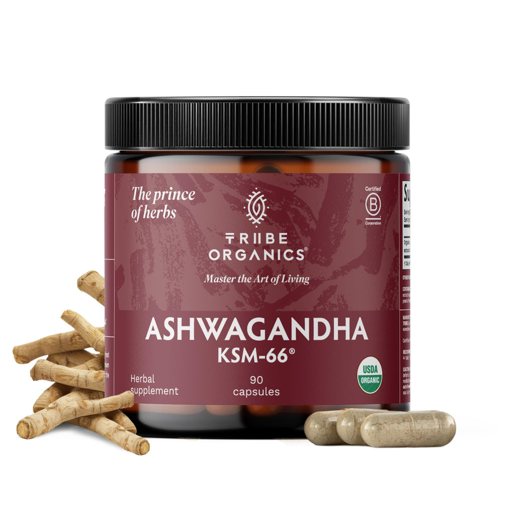 TRIBE ORGANICS Ashwagandha KSM 66 Pure Organic Root Powder Extract Ayurvedic Supplement - Focus Mood Support Increase Energy Strength 600mg of Natural KSM66 for Superior Absorption - 90 Capsules TRIBE ORGANICS Au supplements